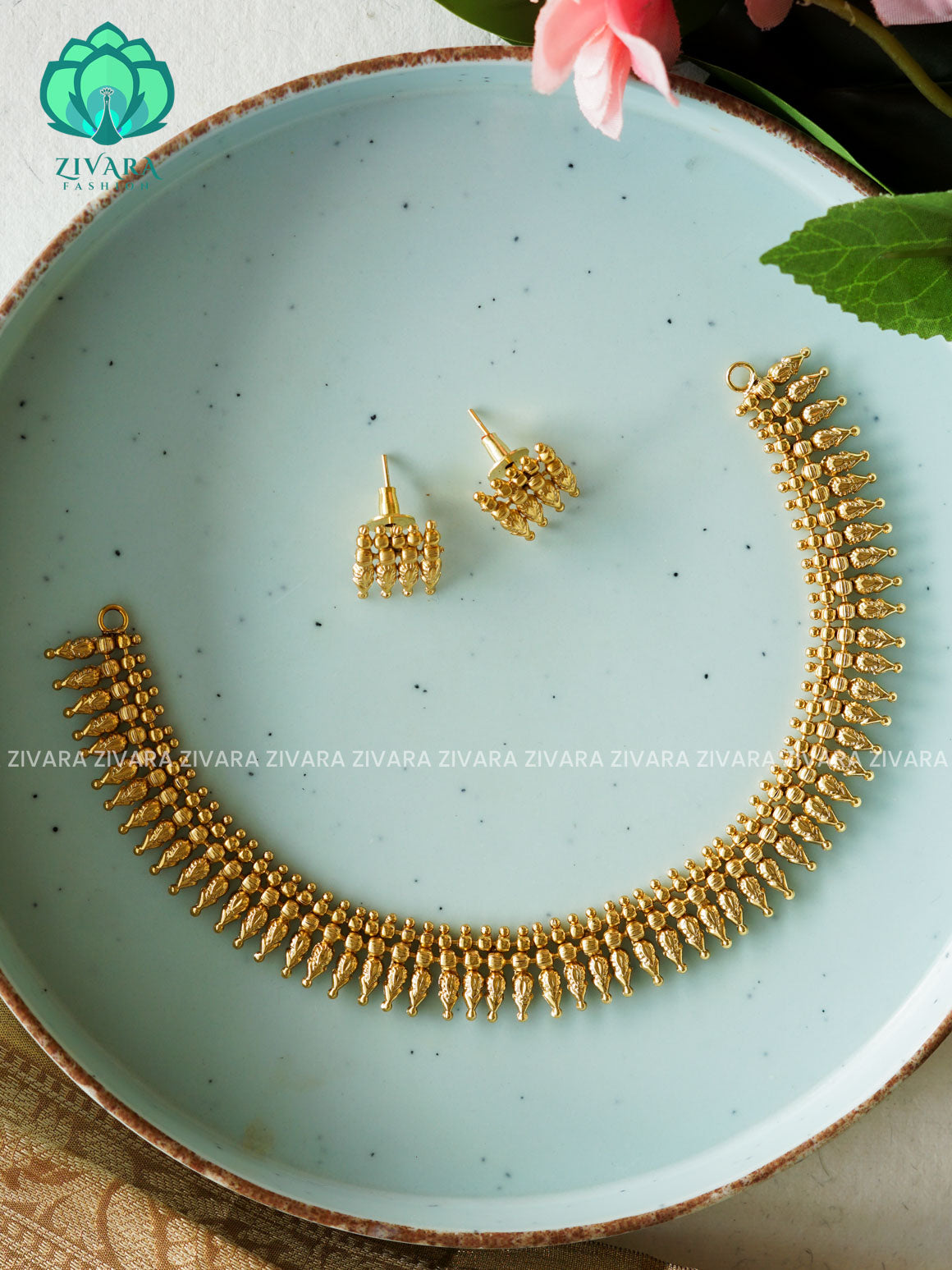 No stone MULLAI - Traditional south indian premium neckwear with earrings- Zivara Fashion- latest jewellery design.