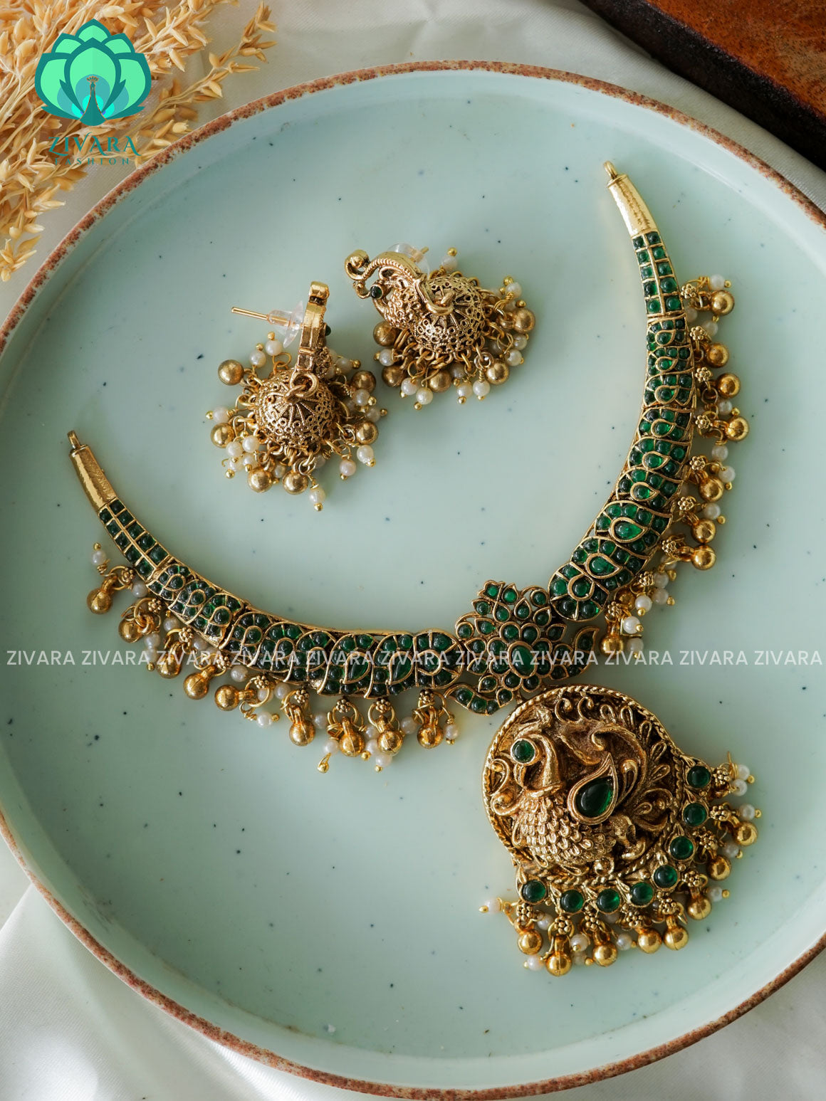 Green Temple  -Traditional south indian NORMAL matte  neckwear with earrings- Zivara Fashion- latest jewellery design