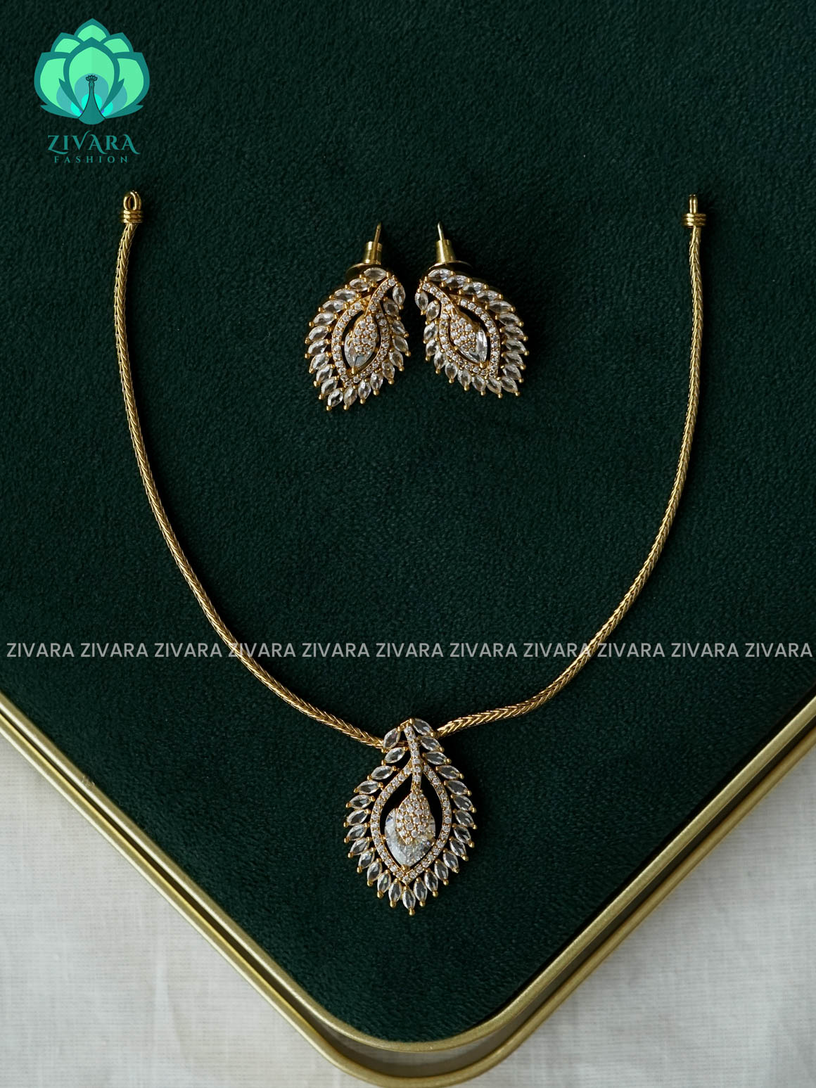 WHITE STONE PENDANT WITH FLEXIBLE CHAIN - TRADITIONAL neckwear with earrings- Zivara Fashion