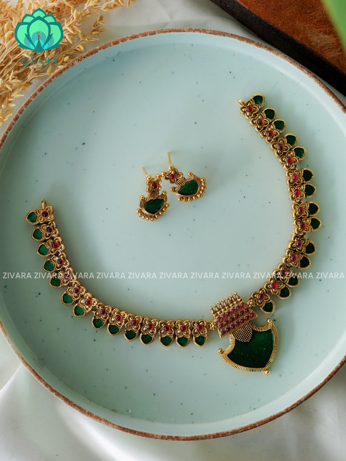 ANANYA SERIES - GREEN PALAKKA  necklace - Traditional south indian NORMAL MATTE neckwear with earrings - Zivara Fashion