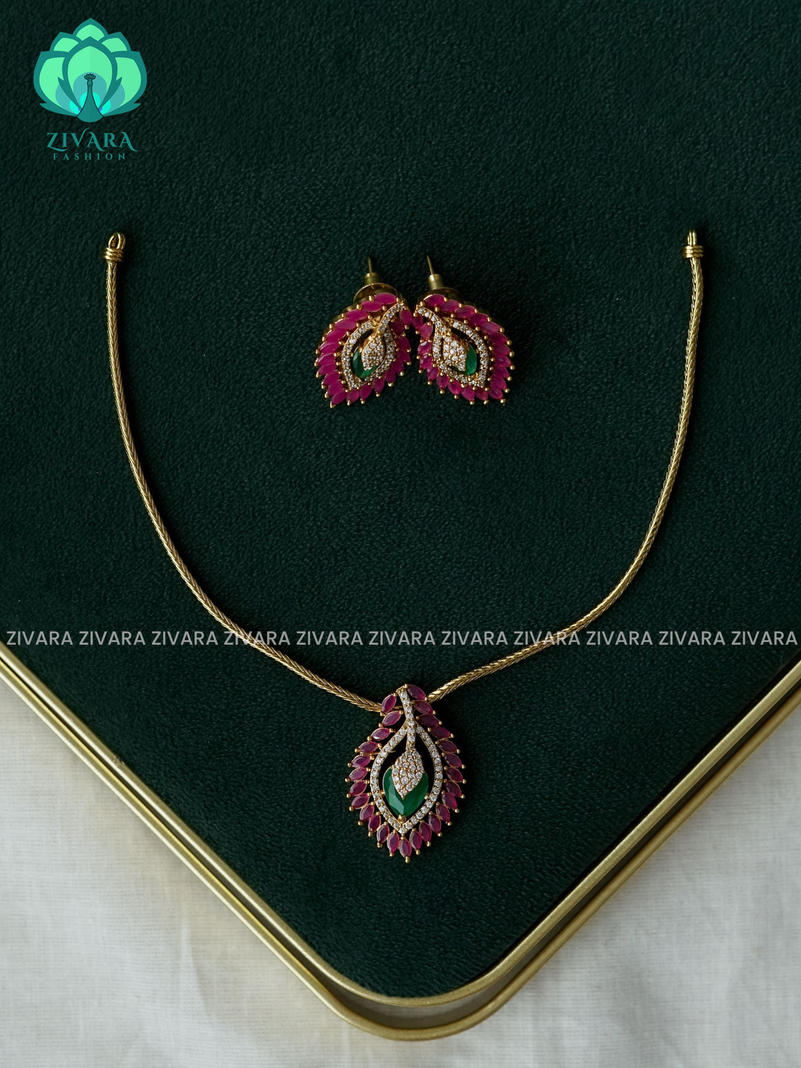 GREEN RUBY AND WHITE STONE PENDANT WITH FLEXIBLE CHAIN - TRADITIONAL neckwear with earrings- Zivara Fashion