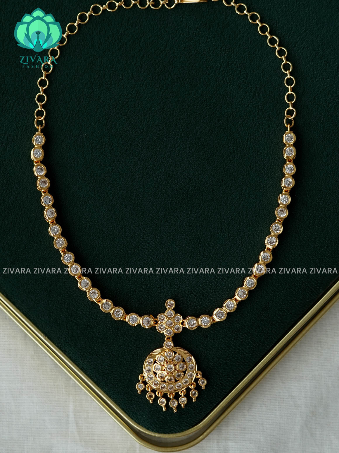 AMBIGAI  -  WHITE STONE MOTIF FREE MICROGOLD POLISH  NECKWEAR WITHOUT EARRINGS- Zivara Fashion- latest jewellery design