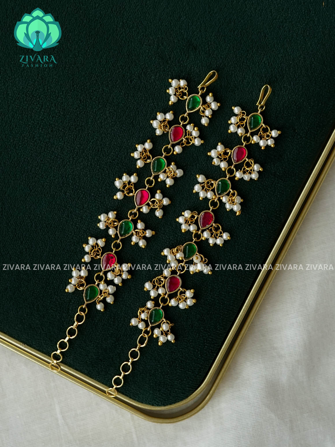 RUBY AND GREEN TEAR Straight bridal earchain maatal- south indian kemp bridal accessory