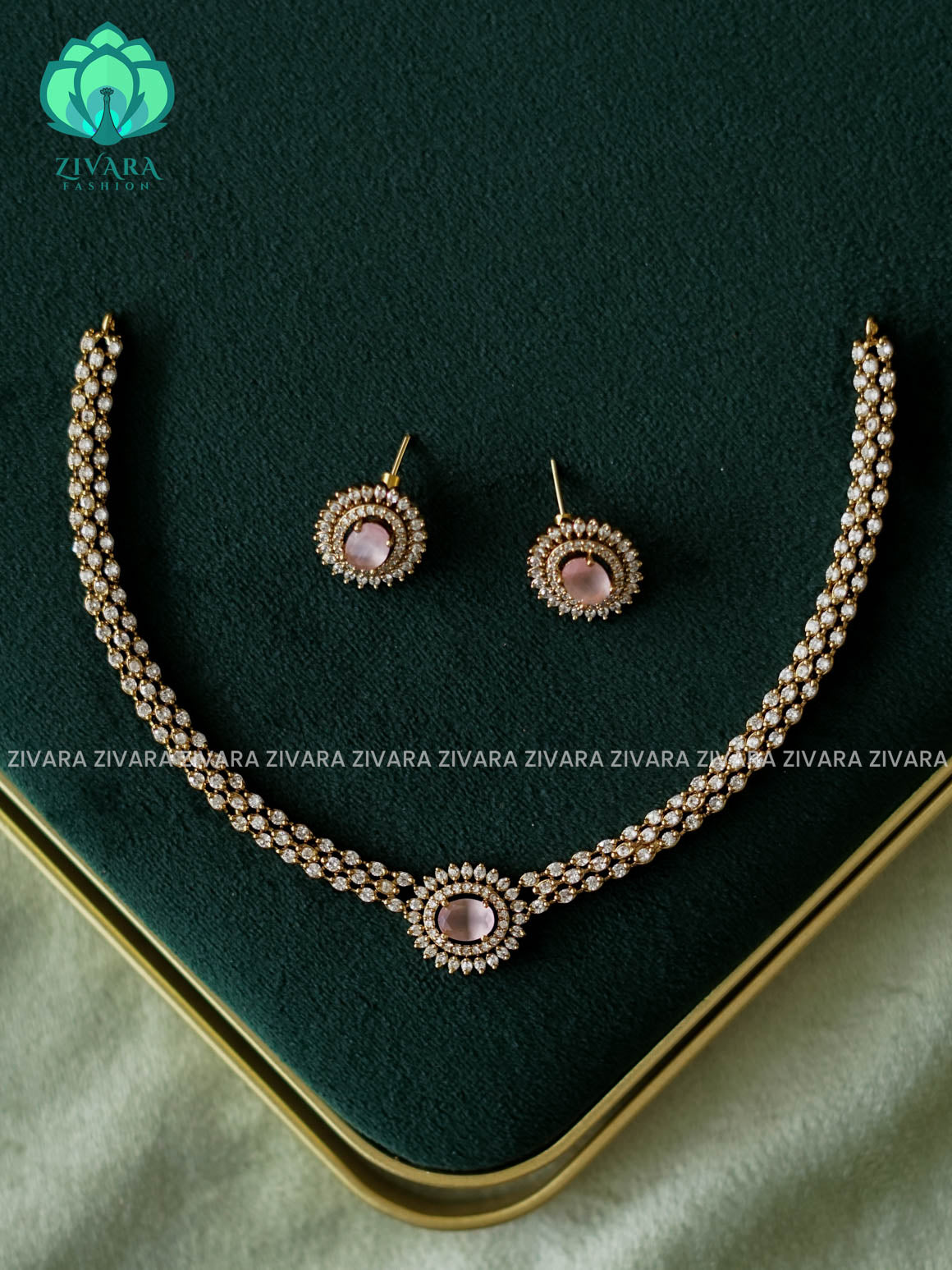 PASTEL PINK  -  OVAL STONE ELEGANT  - PREMIUM SUBTLE GOLD FINISH  stylish and minimal elegant neckwear with earrings- Zivara Fashion