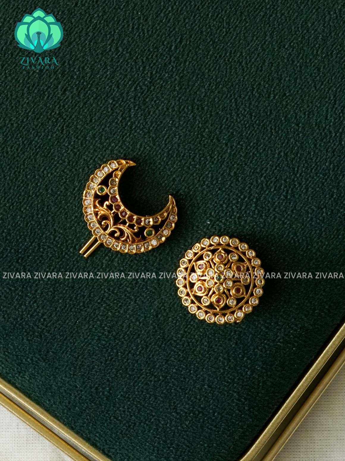 RUBY and GREEN -SUN MOON - SURYA CHANDRA - TRADITIONAL REAL KEMP  HAIR ACCESSORIES- ZIVARA FASHION