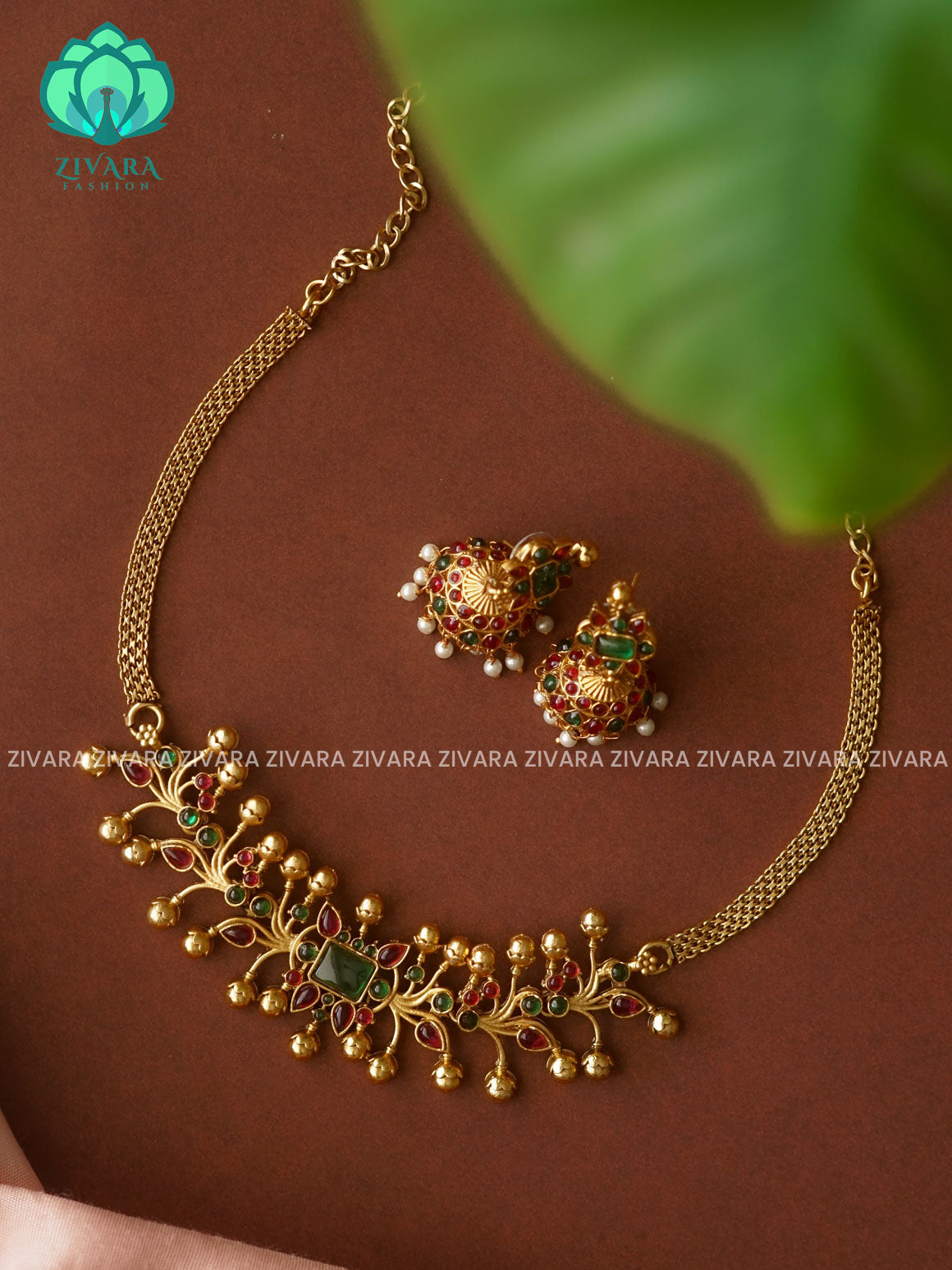 Ruby and green - Trending LEAFY BIG choker with earrings-latest south indian jewellery