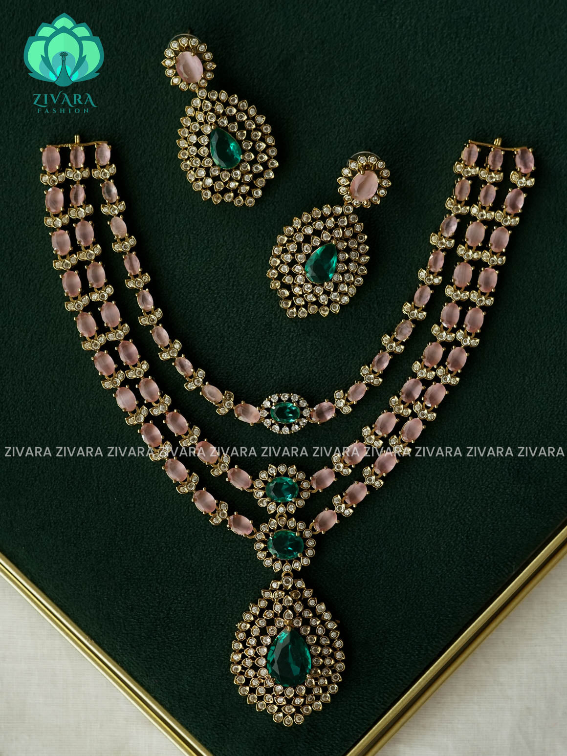 AKSHAYAM - PASTEL PINK AND EMERALD GREEN 3 LAYER BRIDAL NECKWEAR  - PREMIUM MATTE FINISH - stylish and minimal elegant neckwear- Zivara Fashion