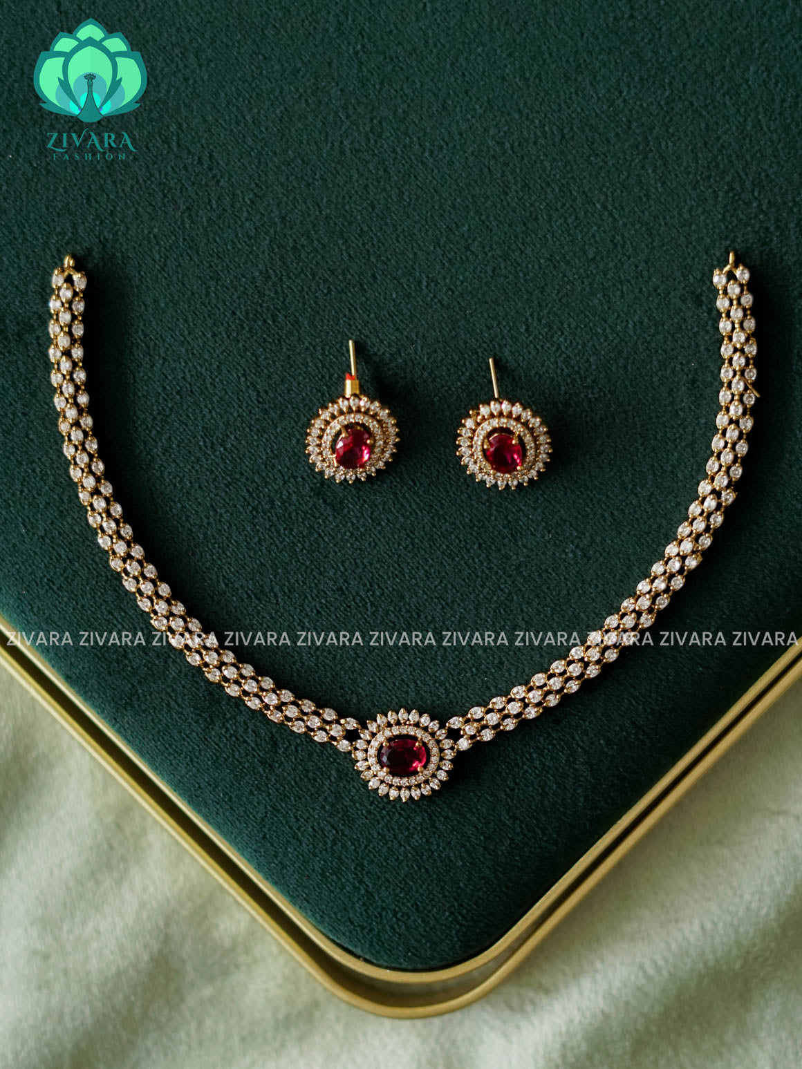 RUBY -  OVAL STONE ELEGANT  - PREMIUM SUBTLE GOLD FINISH  stylish and minimal elegant neckwear with earrings- Zivara Fashion