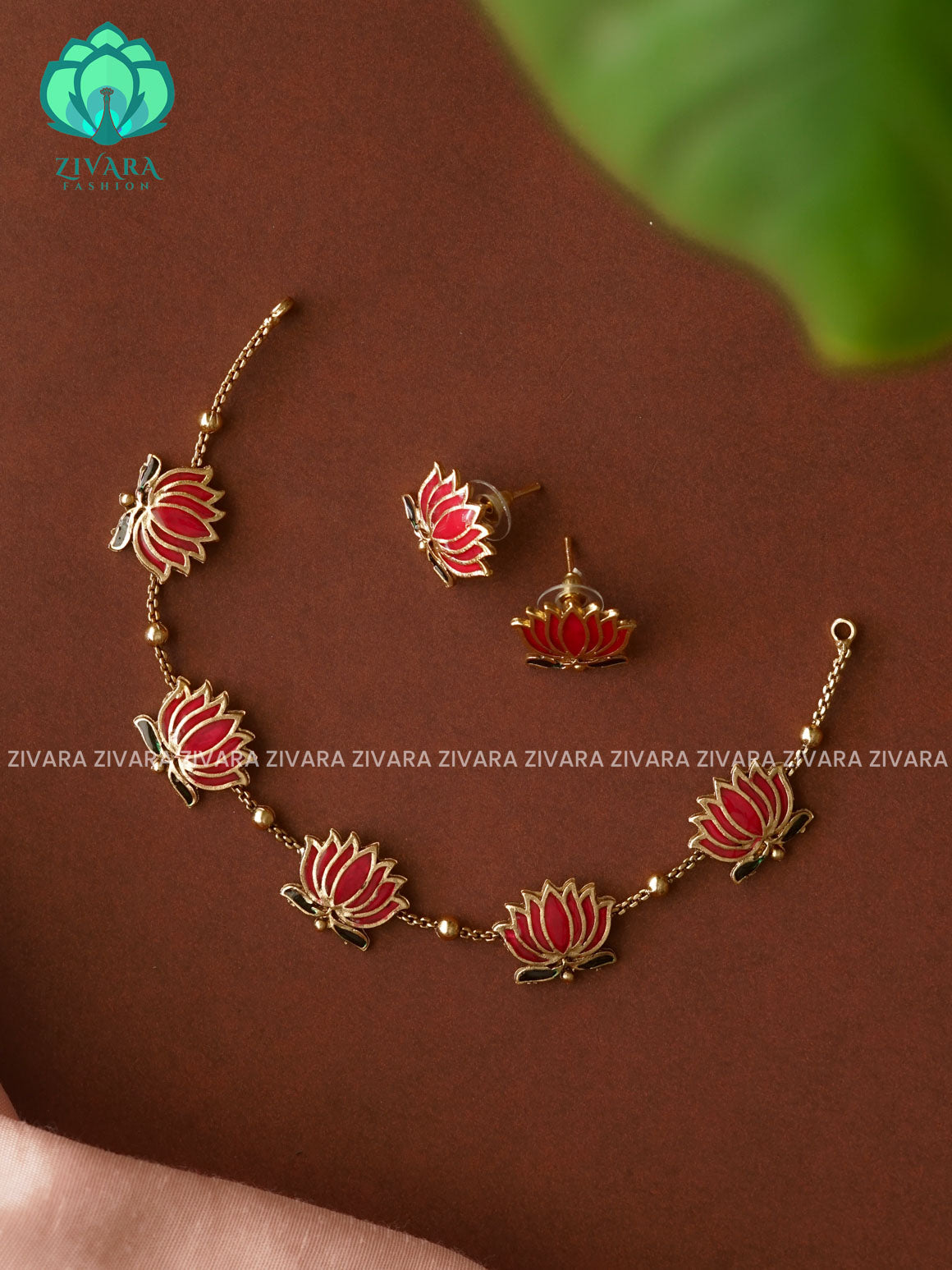 Manju varier inspired Trending NORMAL MATTE lotus enamel neckwear with earrings- Zivara Fashion- latest jewellery design