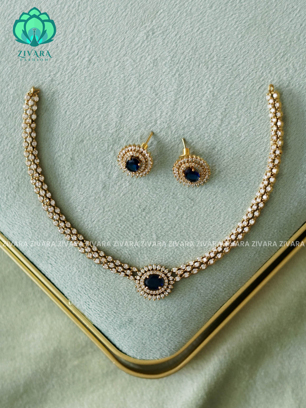 BLUE -  OVAL STONE ELEGANT  - PREMIUM SUBTLE GOLD FINISH  stylish and minimal elegant neckwear with earrings- Zivara Fashion