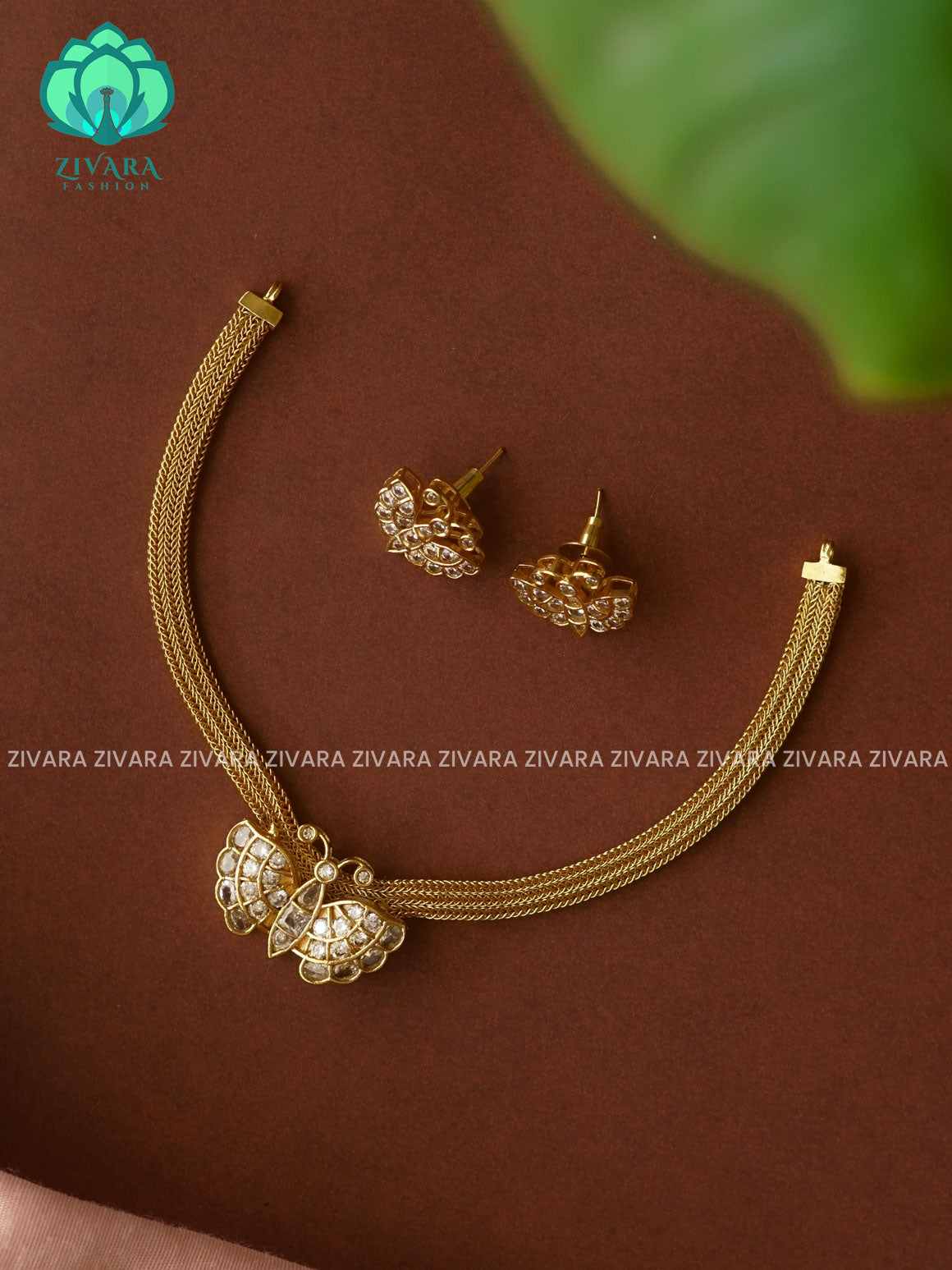 WHITE BUTTERFLY PENDANT WITH FLEXIBLE CHAIN   -  Traditional south indian premium neckwear with earrings- Zivara Fashion- latest jewellery design.