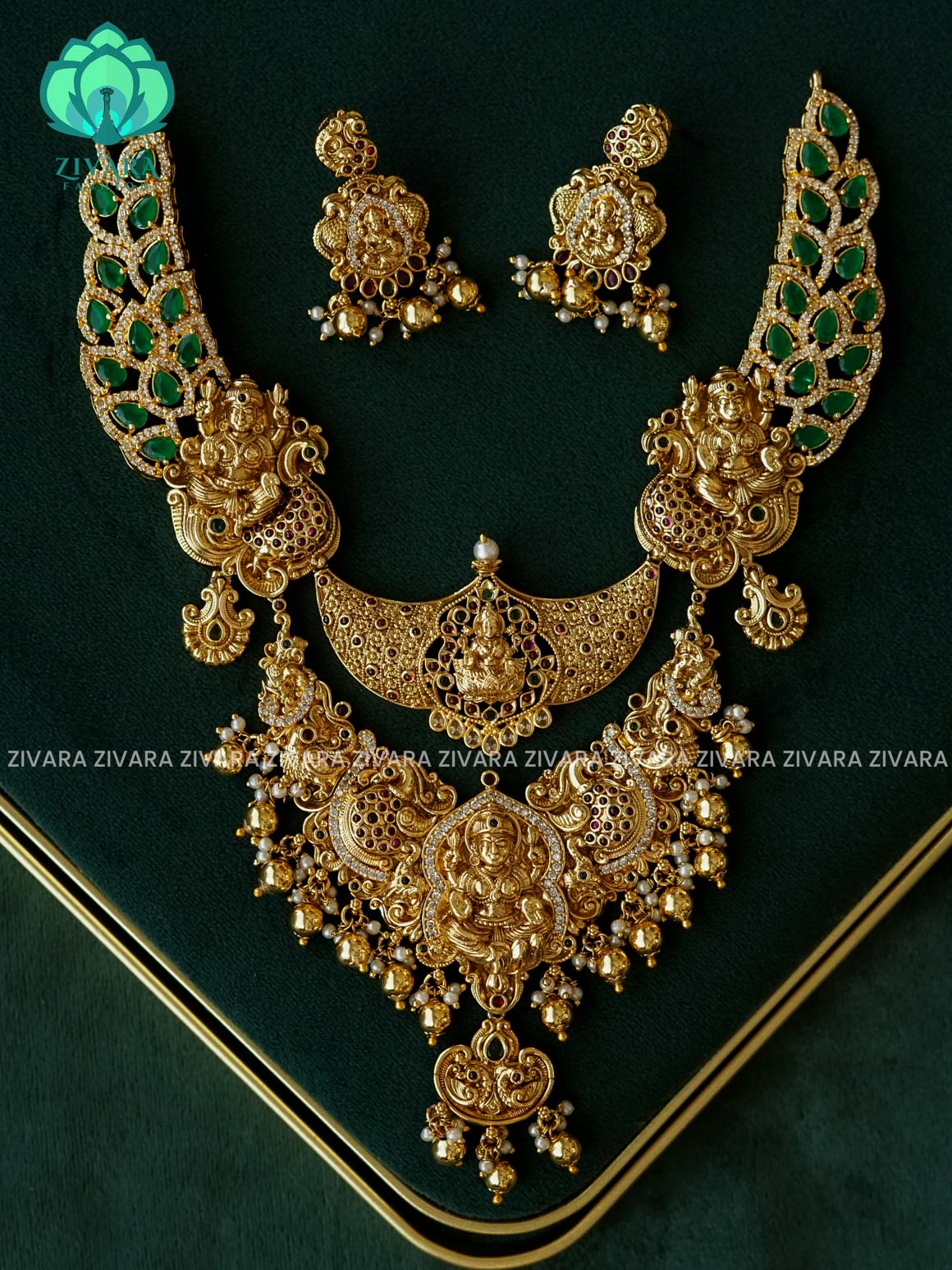 AKSHAYAM - GOLD BEADS PEACOCK HEAVY REAL KEMP  BRIDAL NECKWEAR -Traditional south indian premium neckwear with earrings- Zivara Fashion- latest jewellery design
