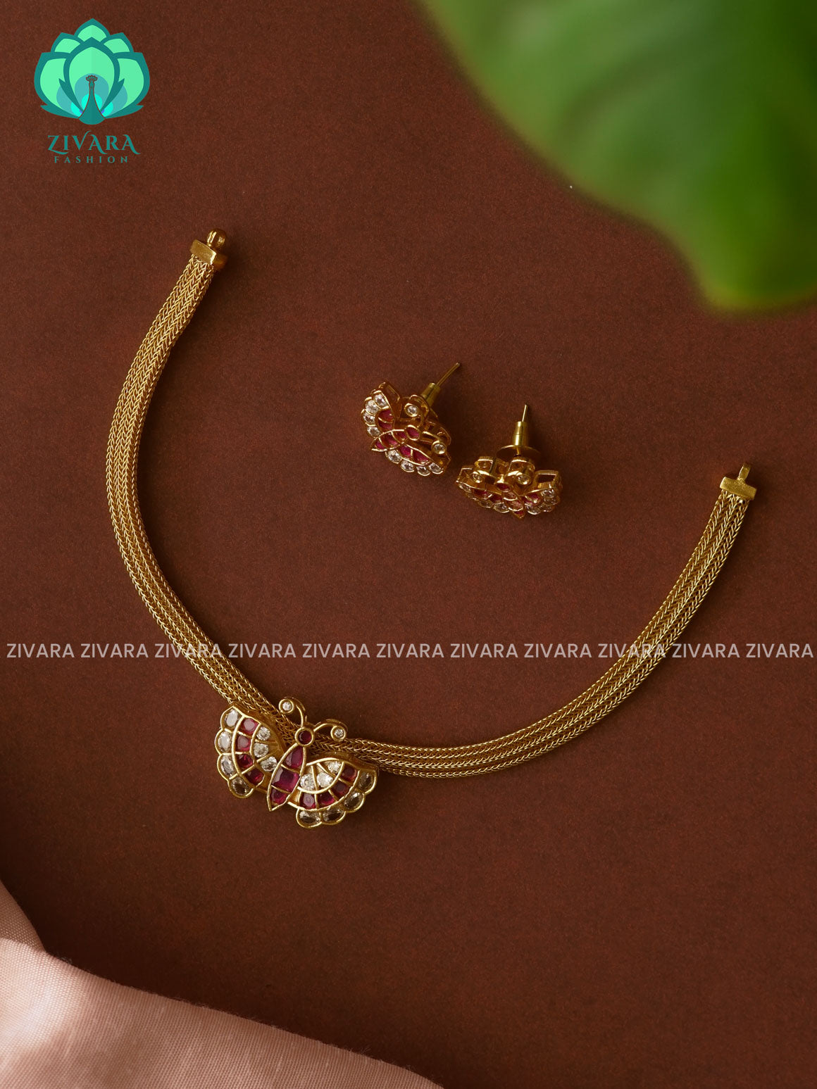 RUBY WHITE BUTTERFLY PENDANT WITH FLEXIBLE CHAIN   -  Traditional south indian premium neckwear with earrings- Zivara Fashion- latest jewellery design.