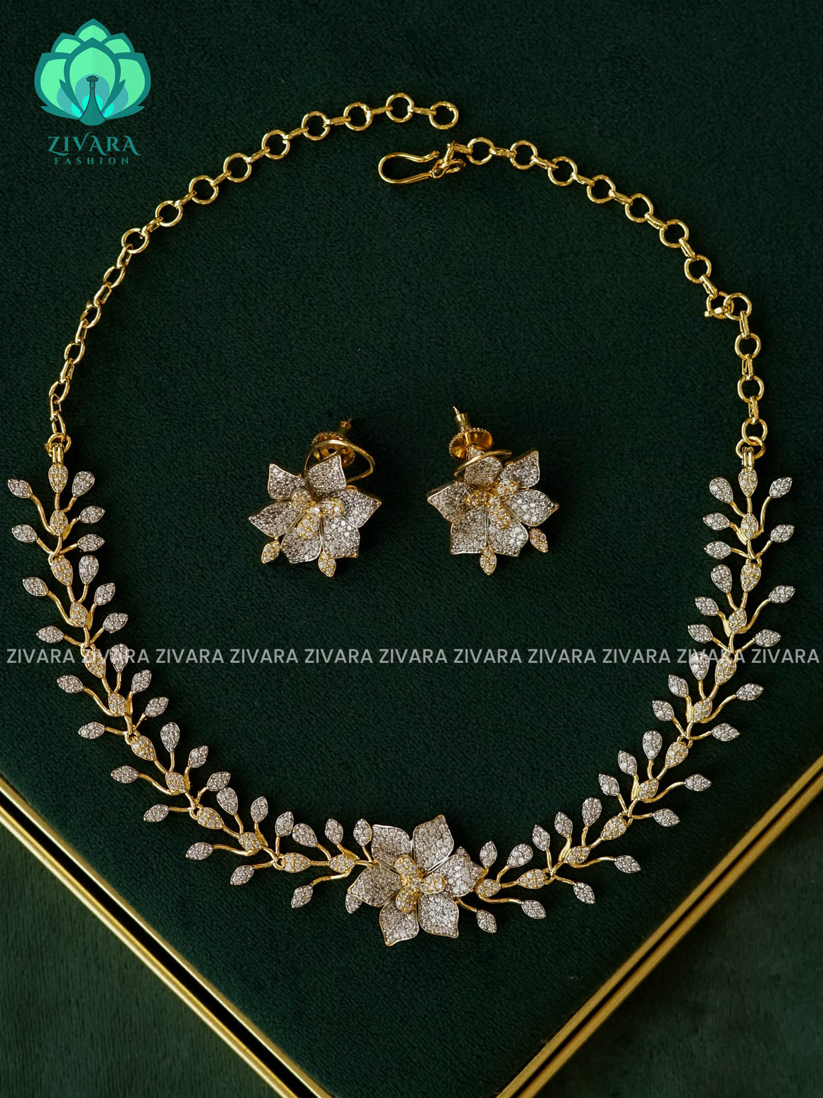 WHITE STONE FLORAL - AD MICROGOLD POLISH WITH EARRING - Zivara Fashion- latest jewellery design