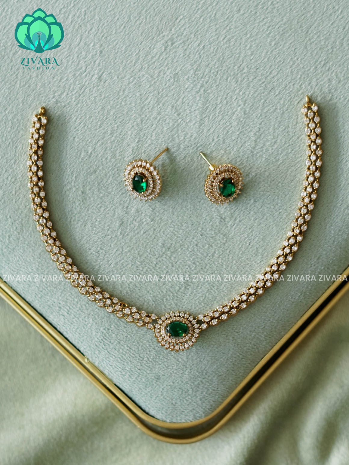 GREEN  -  OVAL STONE ELEGANT  - PREMIUM SUBTLE GOLD FINISH  stylish and minimal elegant neckwear with earrings- Zivara Fashion