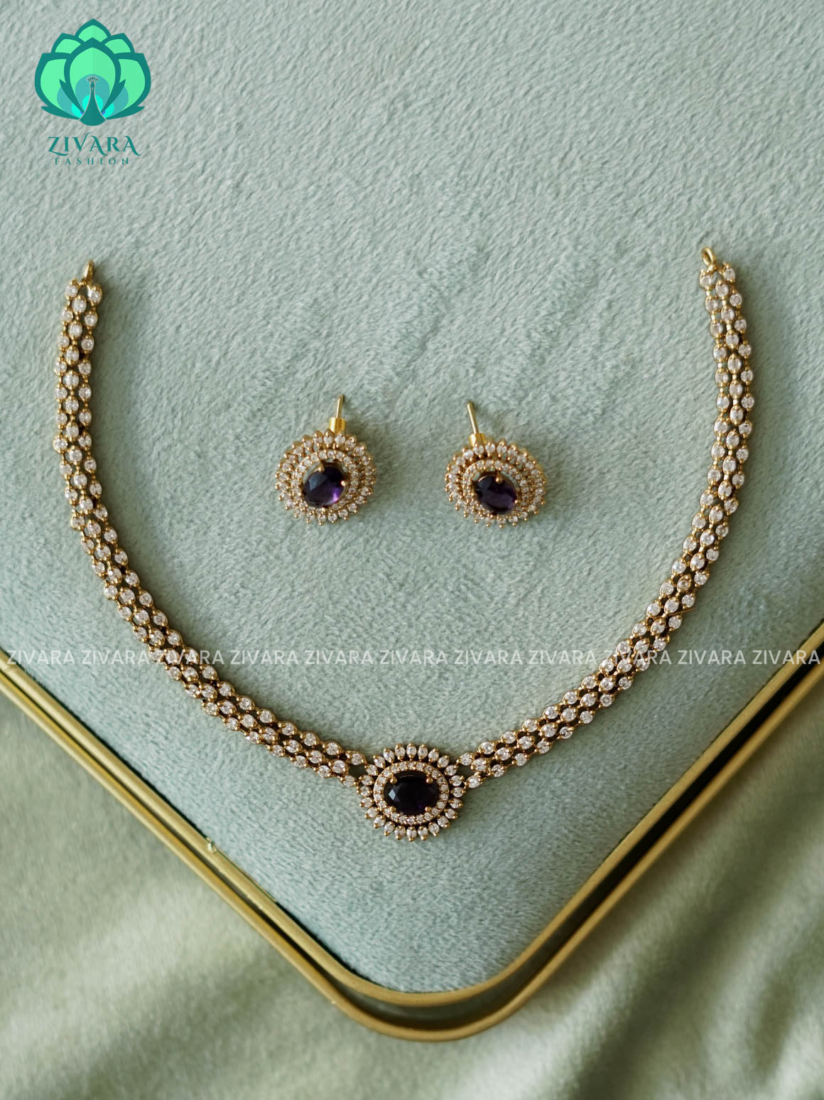 PURPLE -  OVAL STONE ELEGANT  - PREMIUM SUBTLE GOLD FINISH  stylish and minimal elegant neckwear with earrings- Zivara Fashion