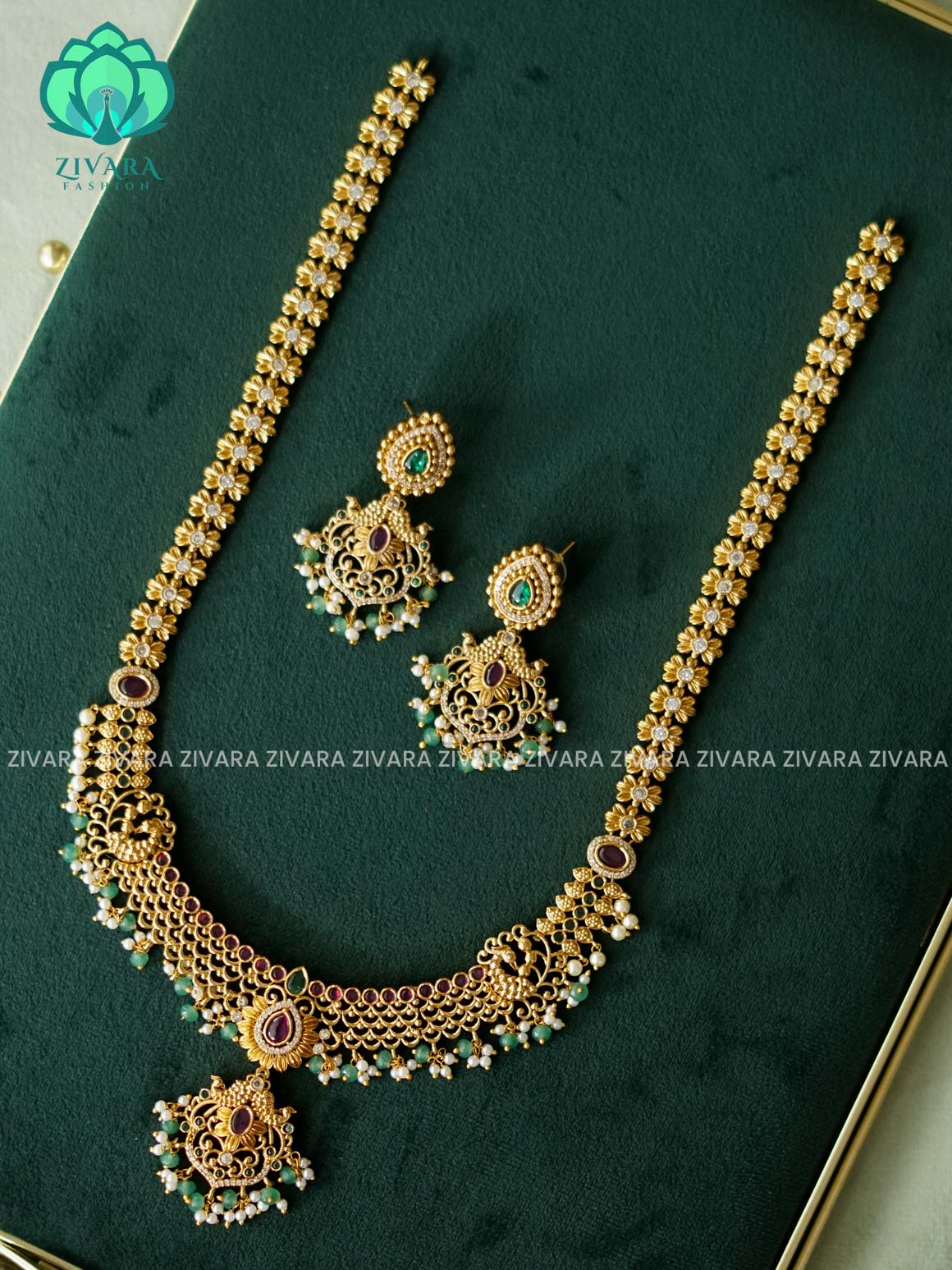TEMPLE SIMPLE  BRIDAL HAARAM  WITH HANGING - Traditional PREMIUM MATTE polish MIDCHEST haaram/neckwear with earrings- Zivara Fashion