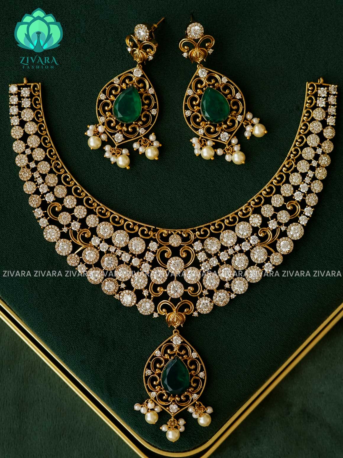 AKSHAYAM - BRIDAL GREEN STONE MOTIF FREE NECKWEAR WITH EARRING -  LATEST JEWELLERY COLLECTION-ZIVARA FASHION