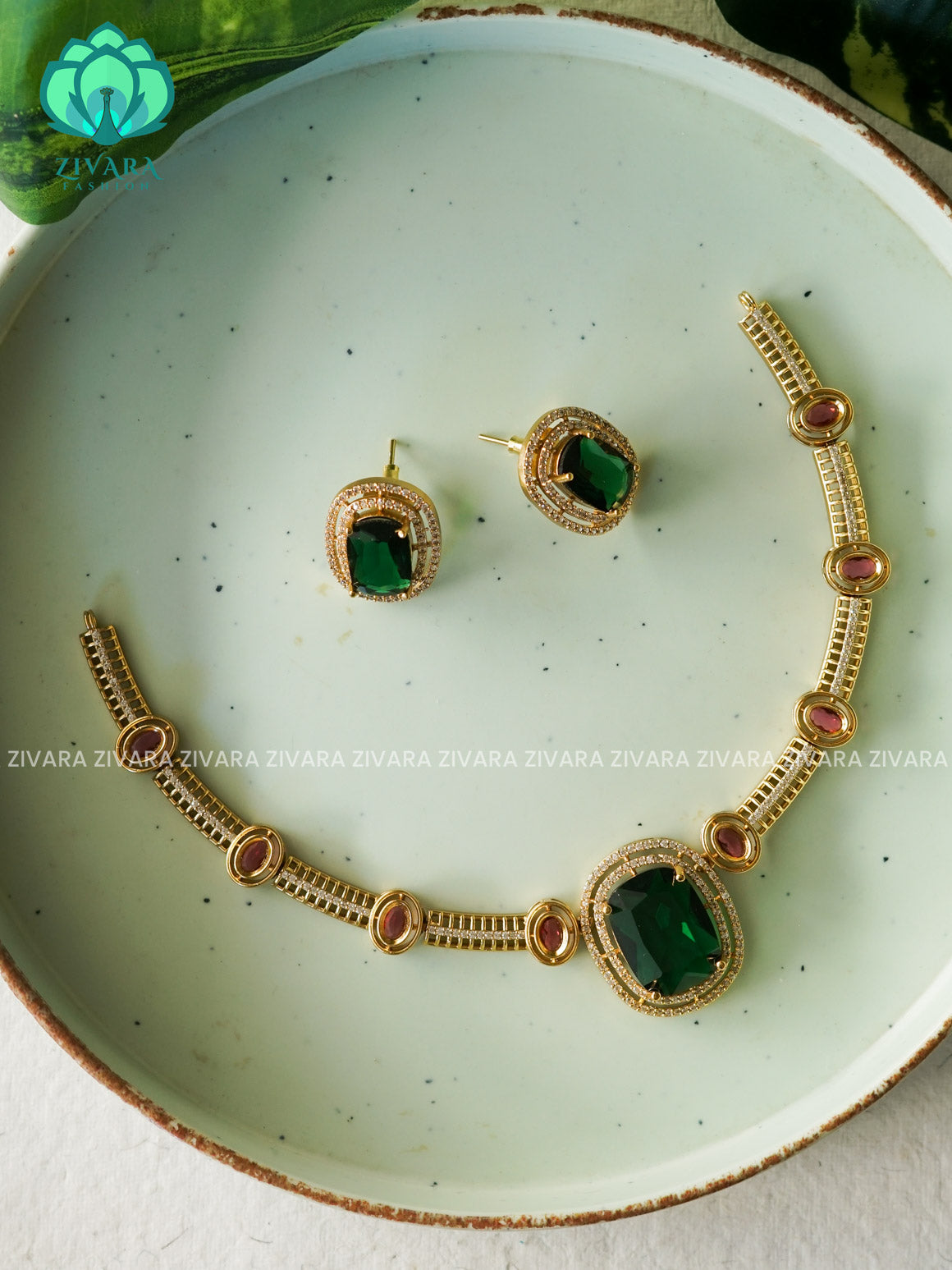GREEN - HASLI - Traditional south indian premium neckwear with earrings- Zivara Fashion- latest jewellery desigN