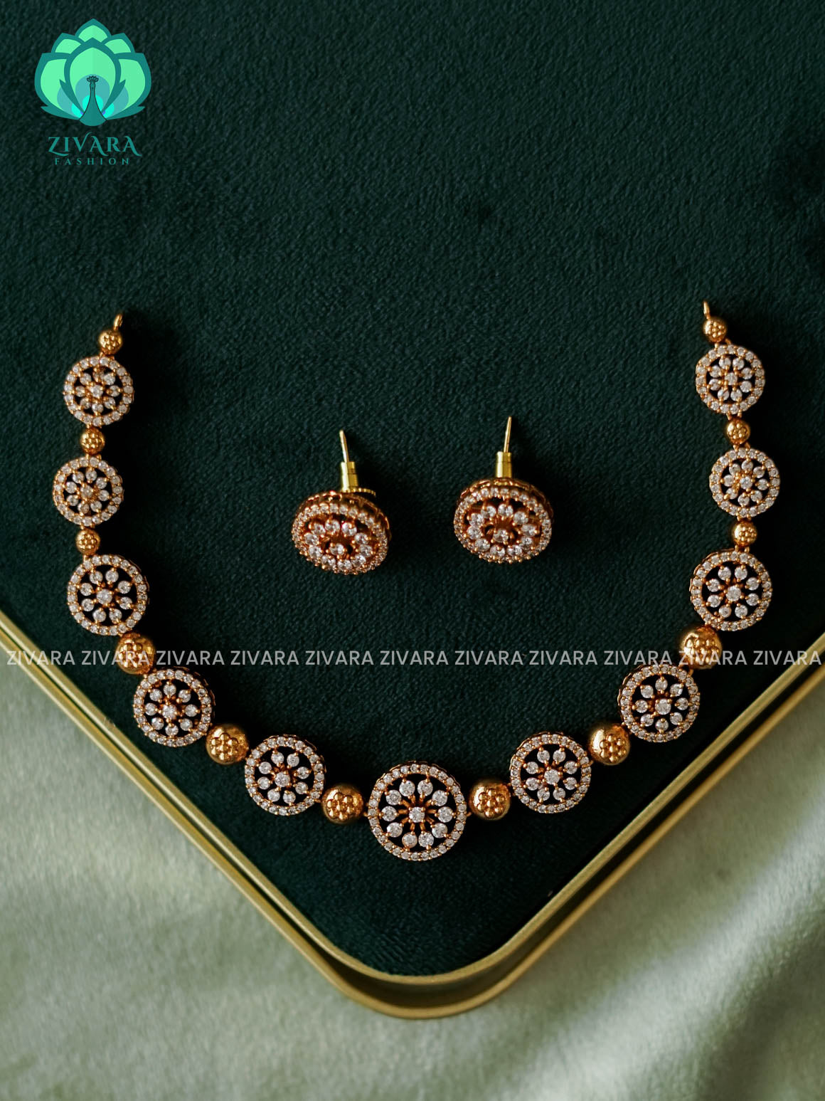 WHITE FLOWER BUTTA  SUBTLE GOLD FINISH stylish and minimal elegant neckwear with earrings- Zivara Fashion