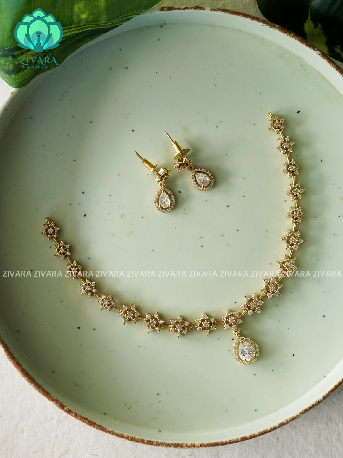 WHITE  - STAR MOTIF FREE  -PREMIUM SUBTLE GOLD FINISH  stylish and minimal elegant neckwear with earrings- Zivara Fashion