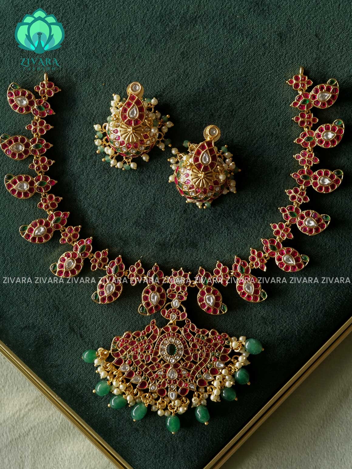 AKSHAYAM - GRAND BRIDAL JADAU  REVERSIBLE WHITE AND RUBY GREEN  NECKWARE WITH HANGINGS - Traditional south indian premium neckwear with earrings- Zivara Fashion- latest jewellery design