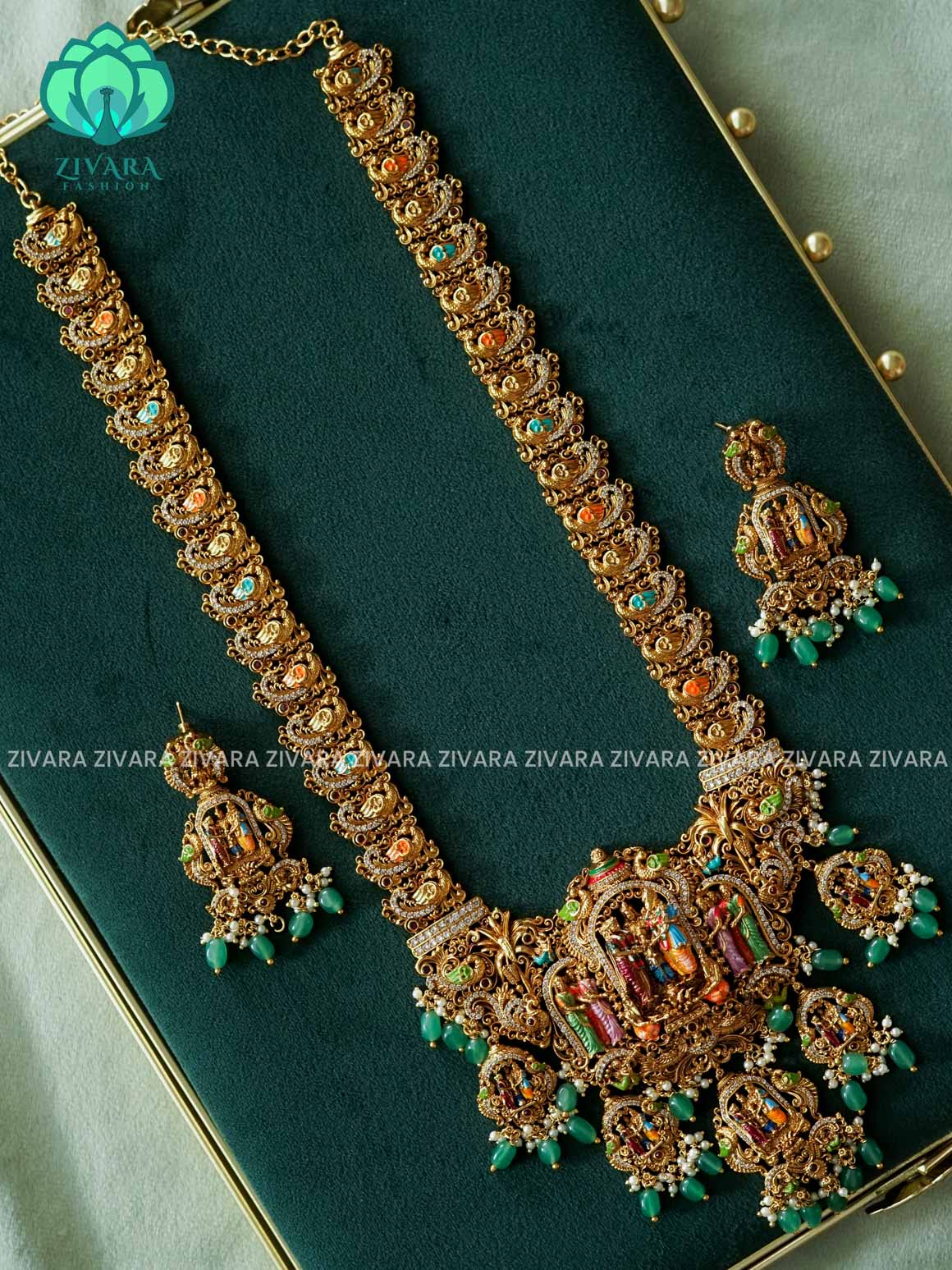 MADHURYA -  GRAND BRIDAL  MEENAKSHI KALYANAM SET handpainted - Traditional south indian premium neckwear with earrings- Zivara Fashion