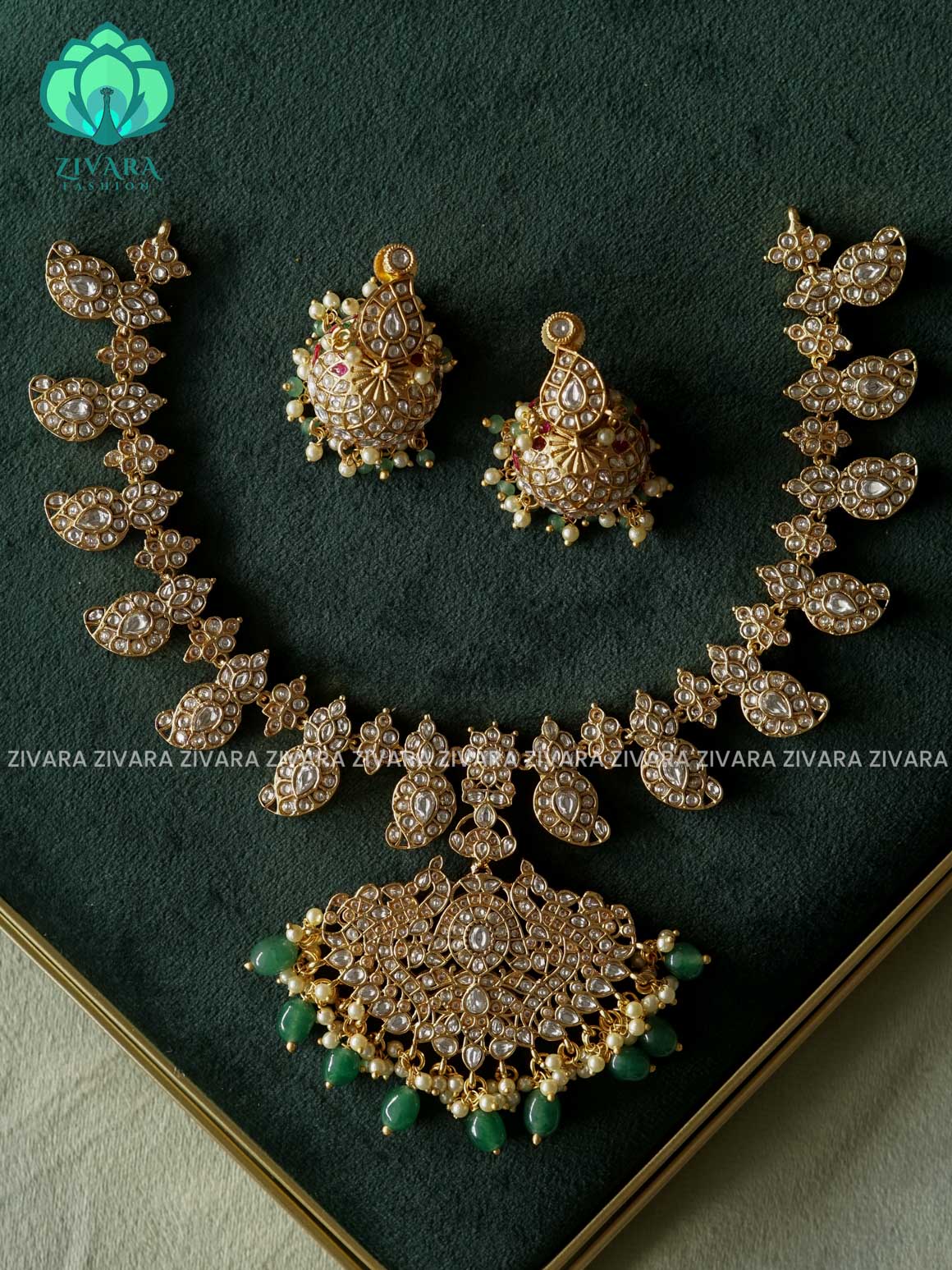 AKSHAYAM - GRAND BRIDAL JADAU  REVERSIBLE WHITE AND RUBY GREEN  NECKWARE WITH HANGINGS - Traditional south indian premium neckwear with earrings- Zivara Fashion- latest jewellery design