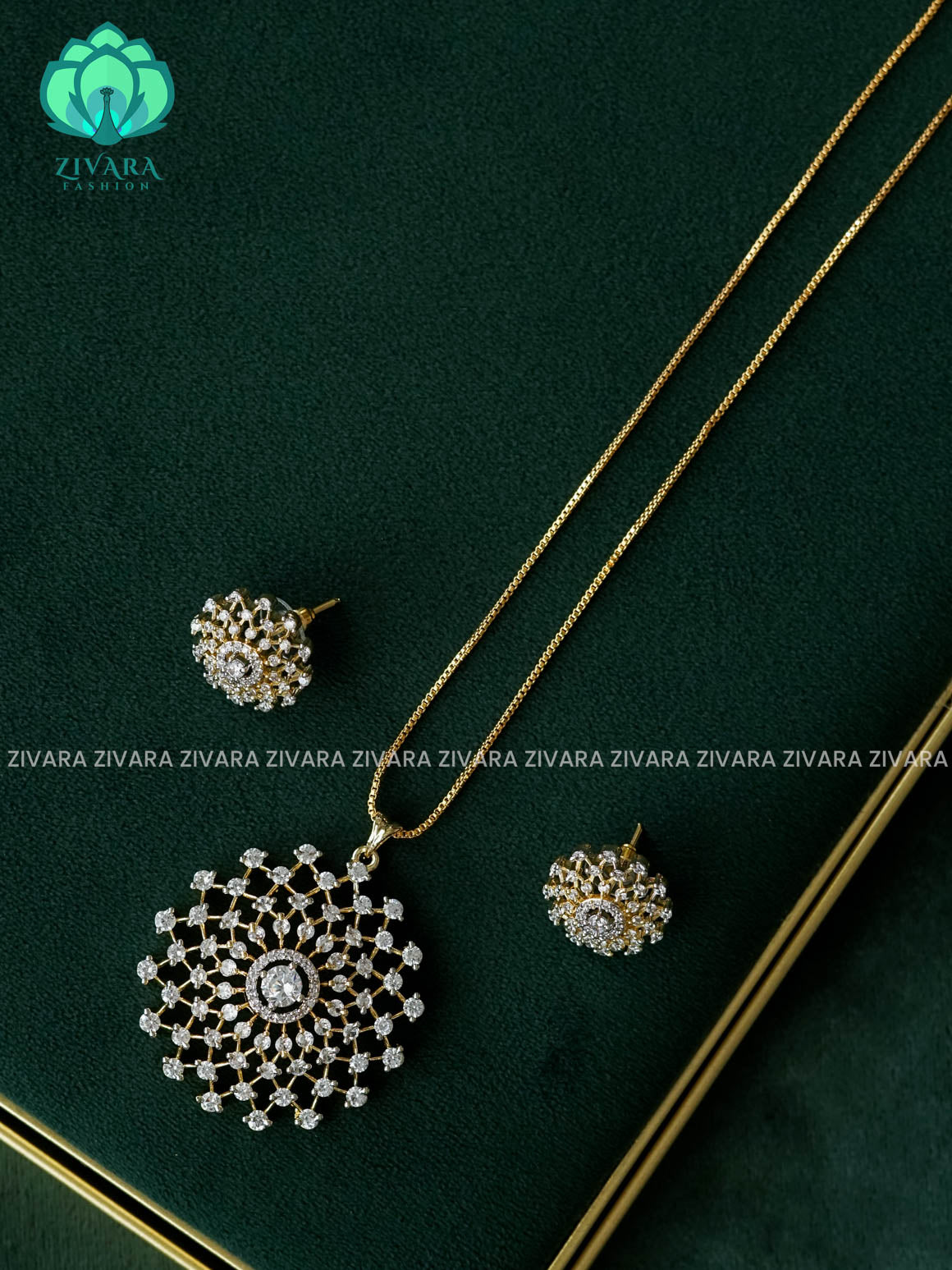 Zyra- Diamond replica Gold polish-pendant set and earrings ( CHAIN COMPLIMENTARY)  -Trending office wear jewellery-Zivara fashion