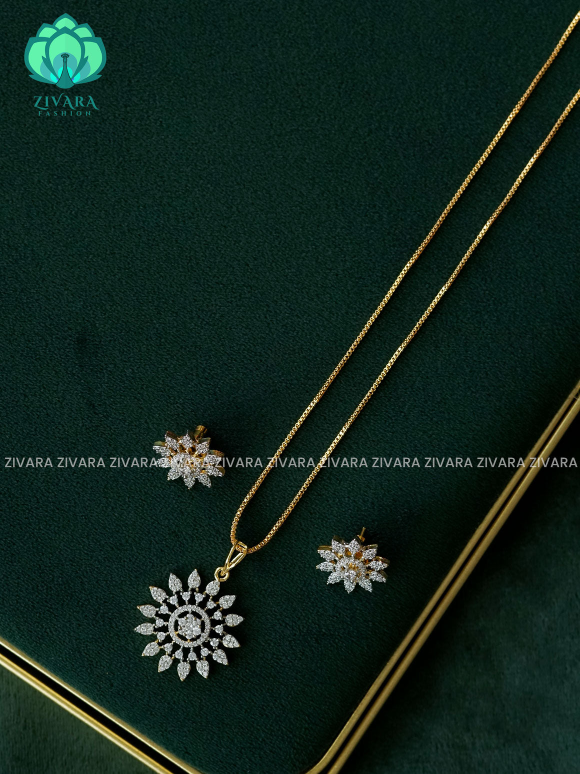Zyra- Diamond replica Gold polish-pendant set and earrings ( CHAIN COMPLIMENTARY)  -Trending office wear jewellery-Zivara fashion