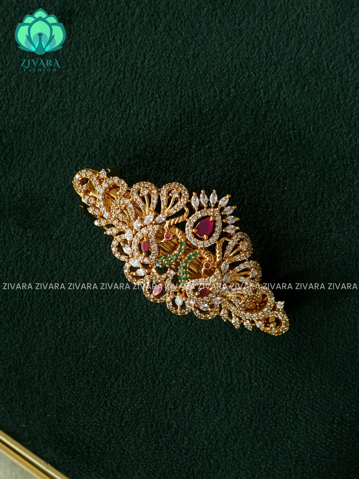 PEACOCK RUBY GREEN WHITE STONE  HAIRCLIPS  - TRADITIONAL HAIR ACCESSORIES - ZIVARA FASHION