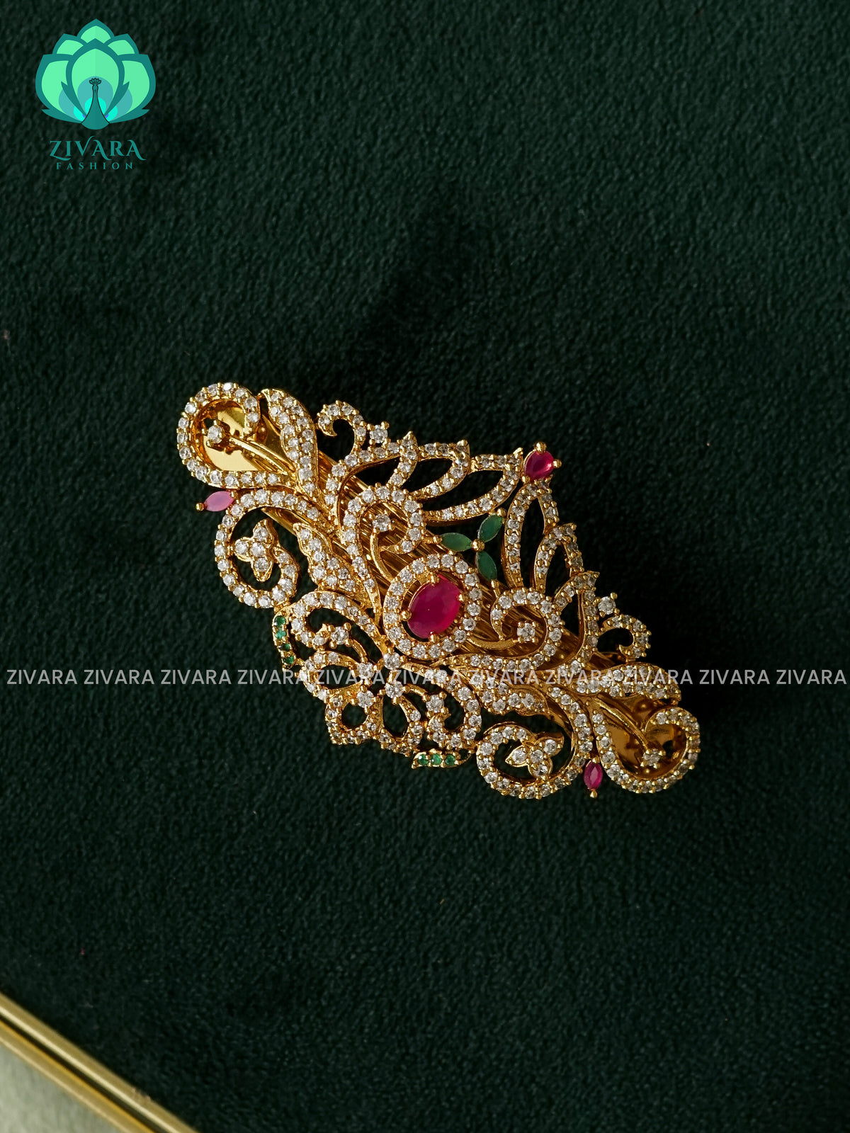 PEACOCK RUBY GREEN WHITE STONE  HAIRCLIPS  - TRADITIONAL HAIR ACCESSORIES - ZIVARA FASHION