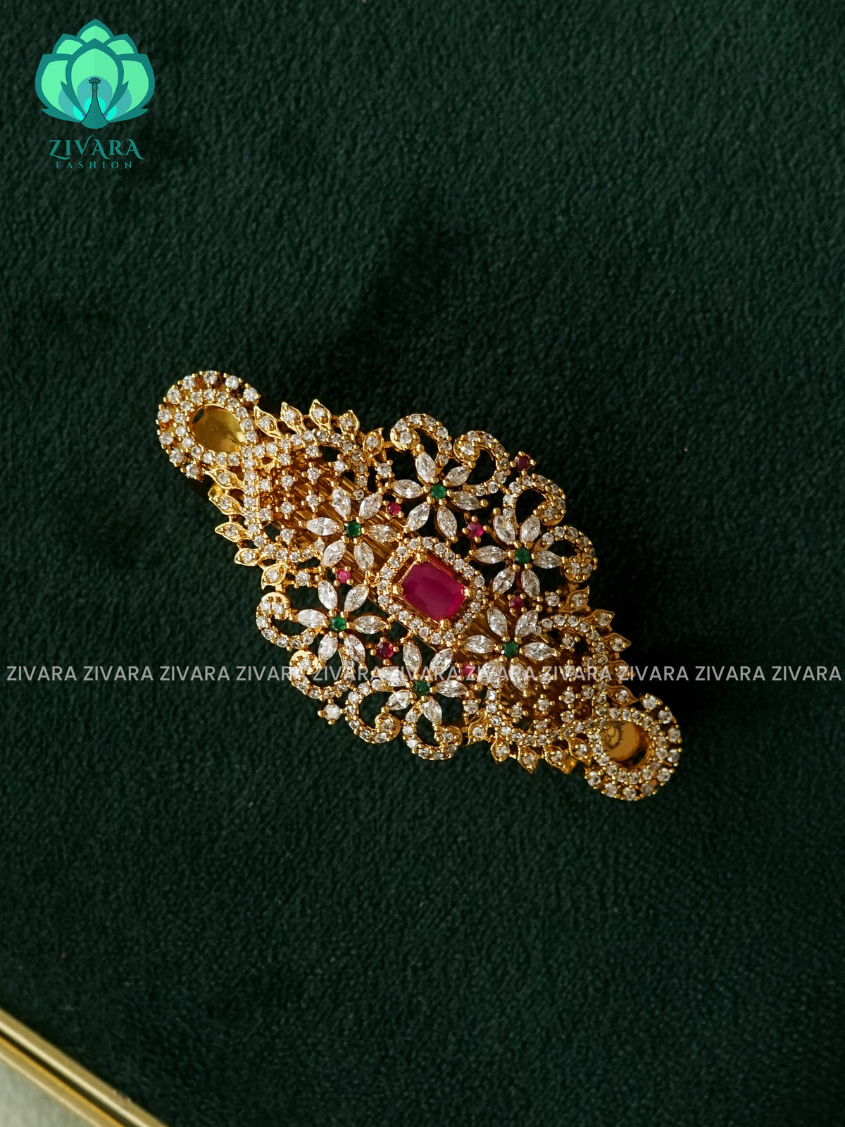 PEACOCK RUBY GREEN WHITE STONE  HAIRCLIPS  - TRADITIONAL HAIR ACCESSORIES - ZIVARA FASHION