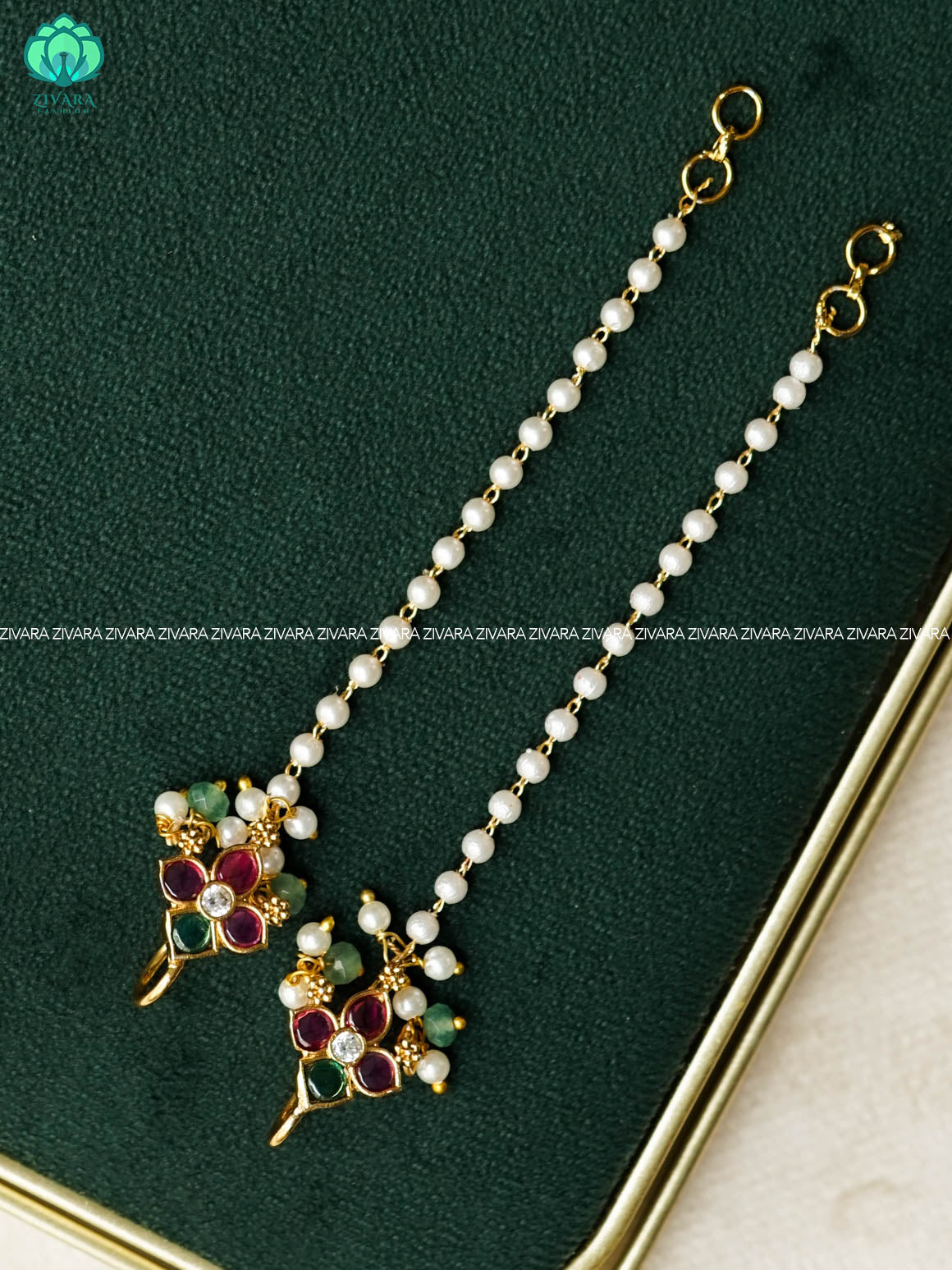 RUBY AND GREEN BUGADI Straight bridal earchain maatal- south indian kemp bridal accessory