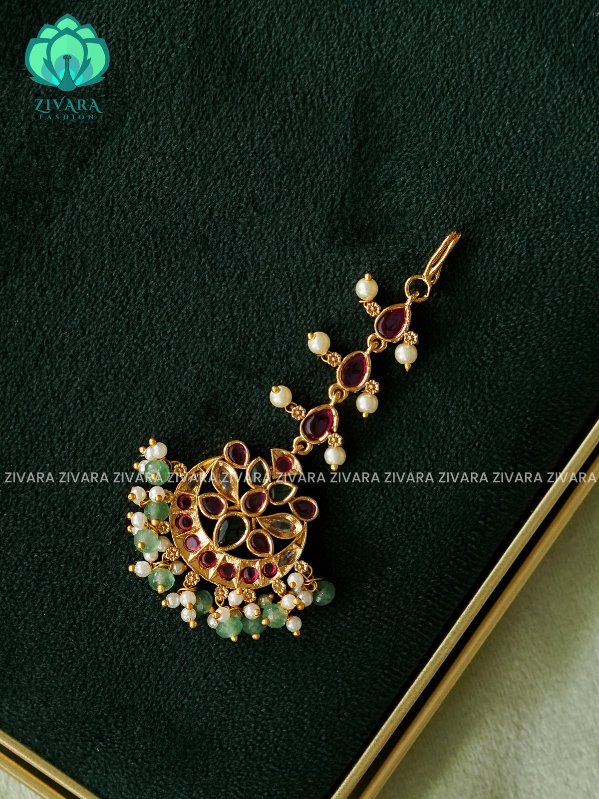 REAL KEMP MOTIF FREE CHUTTI WITH GREEN BEADS HANGINGS - Bridal maang tikka, chutti- bridal head accessory- latest bridal collection - Zivara fashion (Copy)