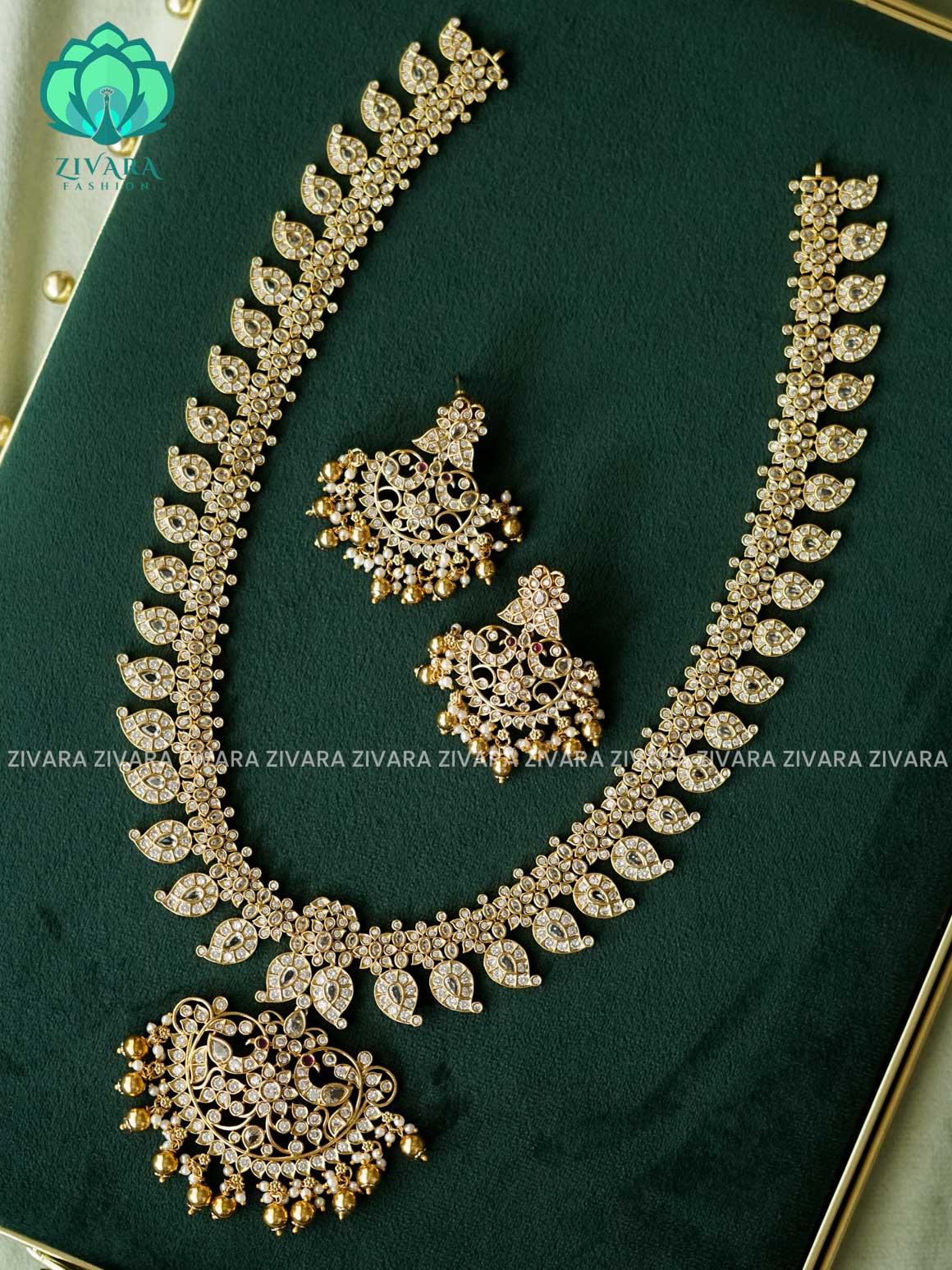 WHITE  STONE MANGO WITH PEACOCK MOTIF PENDANT  - Traditional PREMIUM MATTE polish MIDCHEST haaram/neckwear with earrings- Zivara Fashion