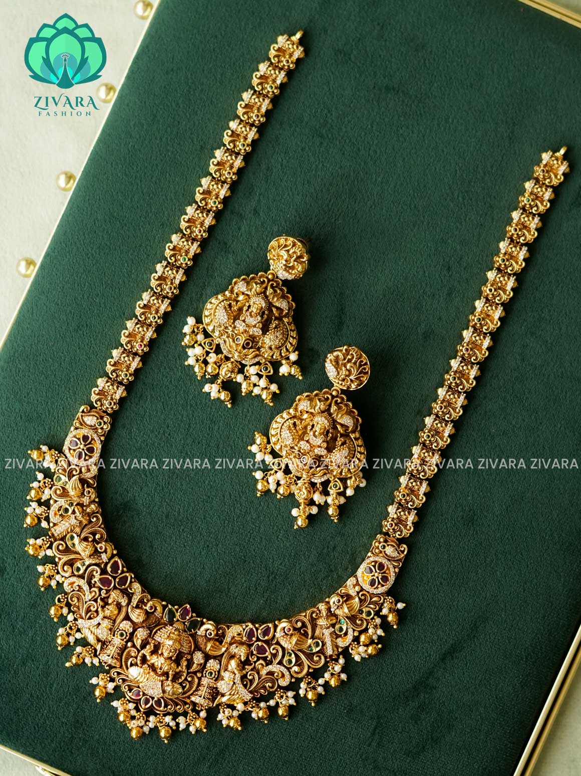 TEMPLE BRIDAL - Traditional PREMIUM MATTE polish MIDCHEST haaram/neckwear with earrings- Zivara Fashion