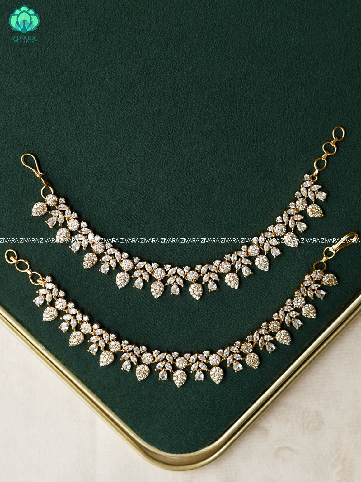 white stone leaf premium finish bridal earchain maatal- south indian kemp bridal accessory