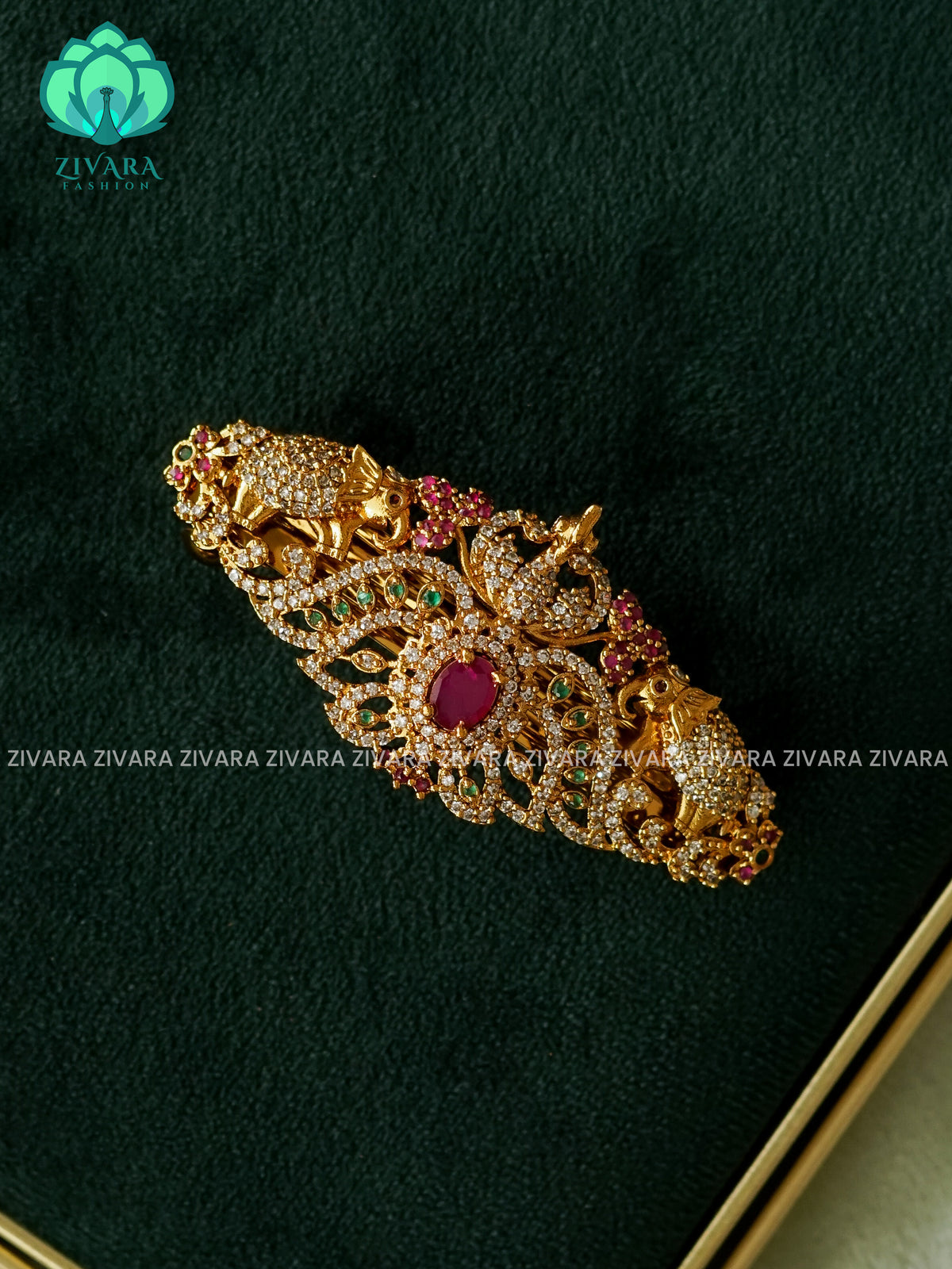 PEACOCK RUBY GREEN WHITE STONE  HAIRCLIPS  - TRADITIONAL HAIR ACCESSORIES - ZIVARA FASHION