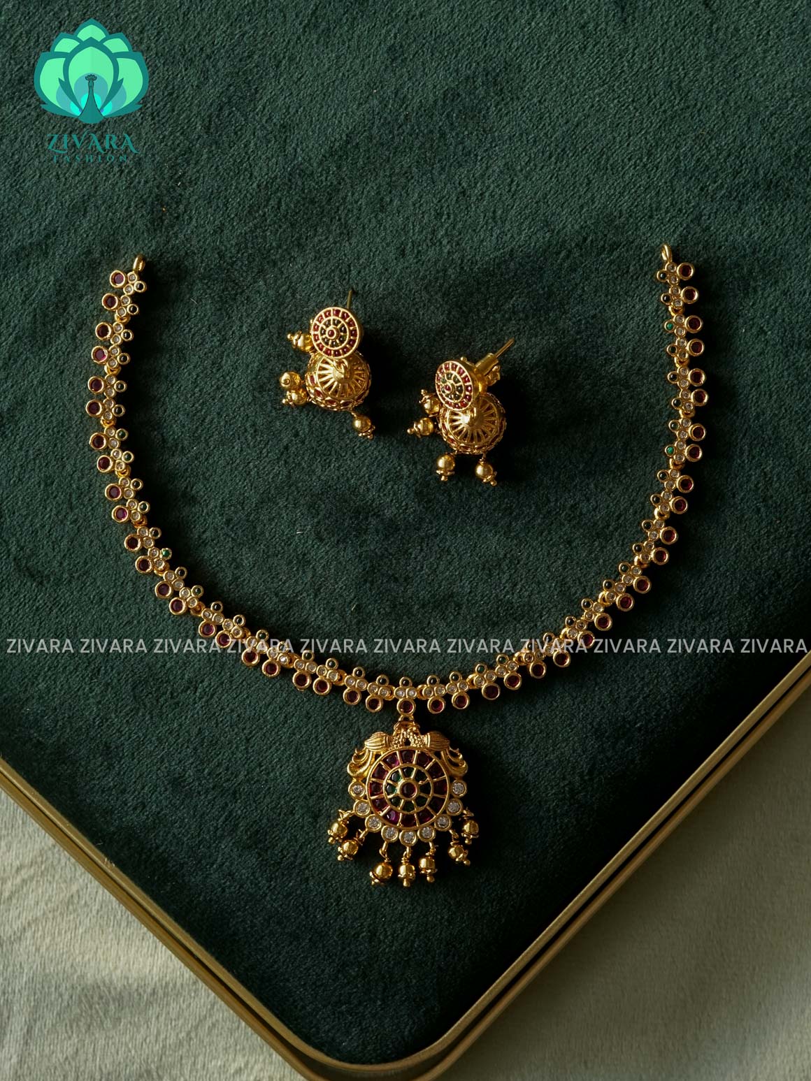 MINIMAL PEACOCK WITH GOLD HANGINGS  - Traditional south indian premium neckwear with earrings- Zivara Fashion- latest jewellery design