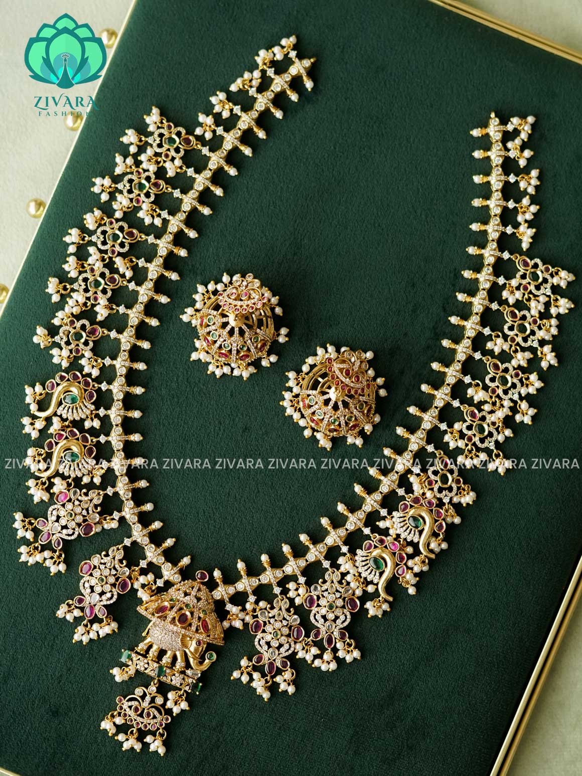 REAL KEMP GUTTAPUSALU  - Traditional PREMIUM MATTE polish MIDCHEST haaram/neckwear with earrings- Zivara Fashion