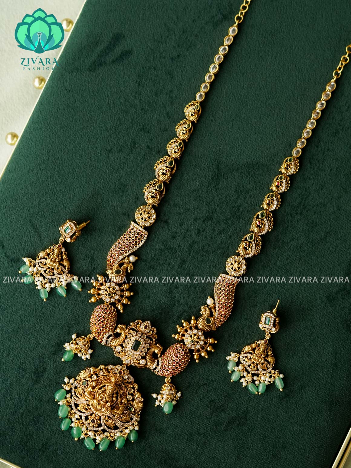 REAL KEMP PEACOCK BRIDAL HAARAM  WITH HANGING - Traditional PREMIUM MATTE polish MIDCHEST haaram/neckwear with earrings- Zivara Fashion