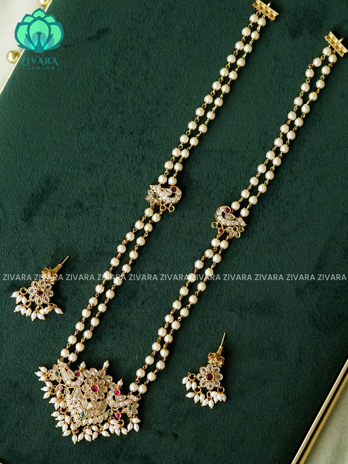 Pearl line peacock pendant  - Traditional premium long haaram/neckwear with earrings- Zivara Fashion