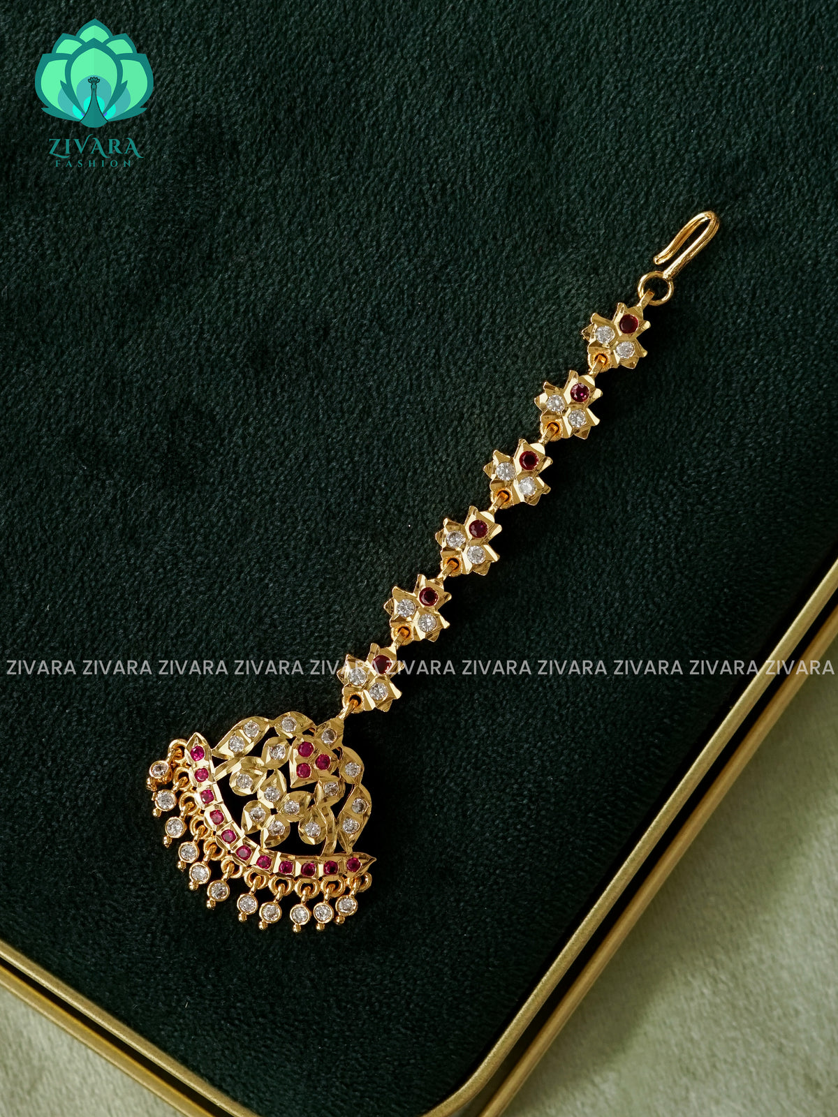 AMBIGAI- RUBY WHITE  PEACOCK MOTIF IMPON TIKKA/CHUTTI MICROGOLD POLISH bridal head accessory- latest bridal collection - Zivara fashion