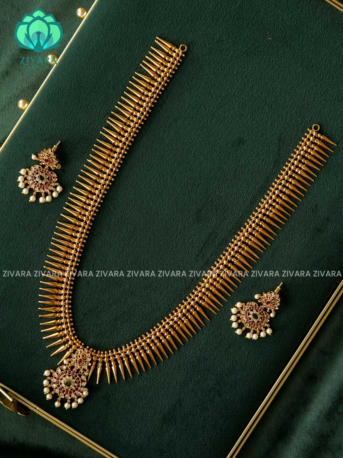 REAL KEMP MULLAI MOTTU - Traditional PREMIUM MATTE polish MIDCHEST haaram/neckwear with earrings- Zivara Fashion