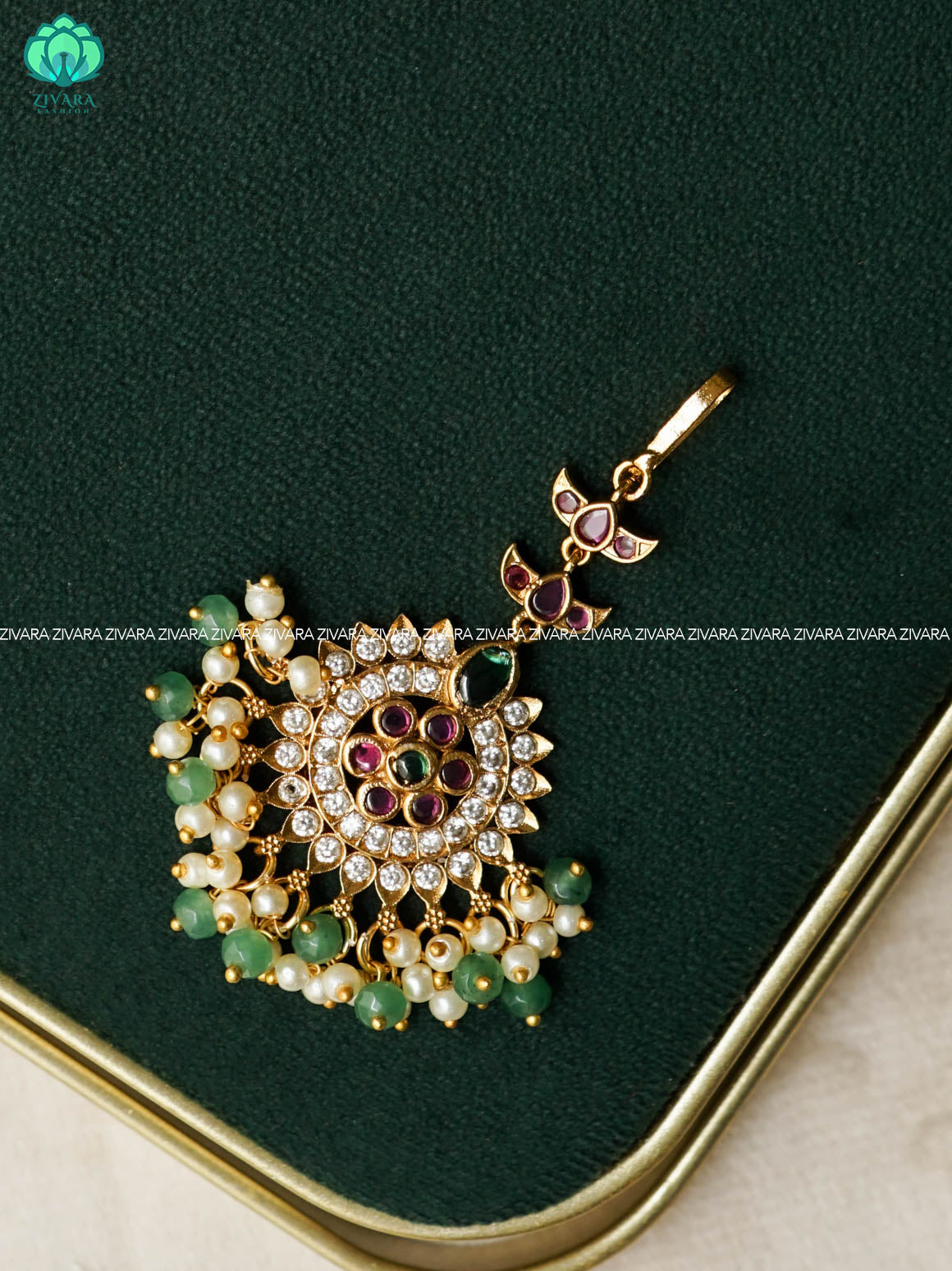 REAL KEMP MOTIF CHUTTI WITH  HANGINGS - bridal head accessory- latest bridal collection - Zivara fashion