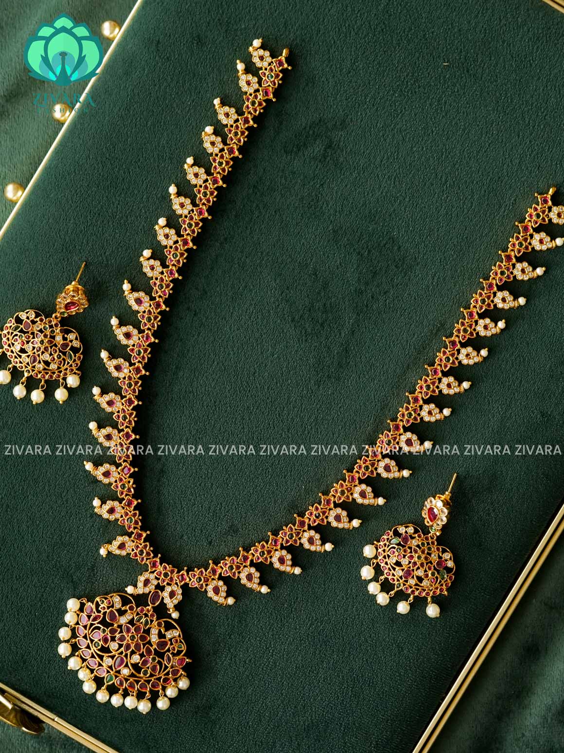 Real kemp manga peacock pendant  - Traditional PREMIUM MATTE polish MIDCHEST haaram/neckwear with earrings- Zivara Fashion