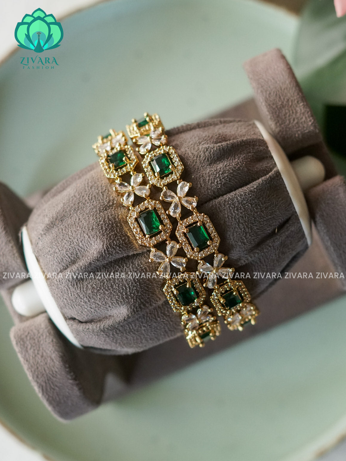 2 piece GREEN STONE SQUARE FLORAL bangles - latest jewellery collection