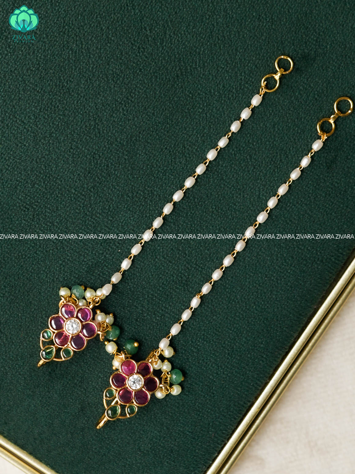 RUBY AND GREEN BUGADI Straight bridal earchain maatal- south indian kemp bridal accessory