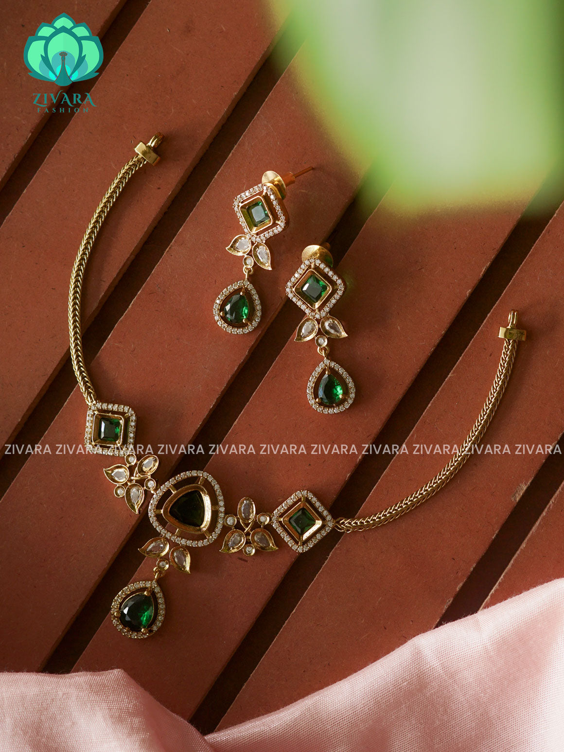 Green Diamond and Triangle pendant -Traditional south indian premium neckwear with earrings- Zivara Fashion- latest jewellery design